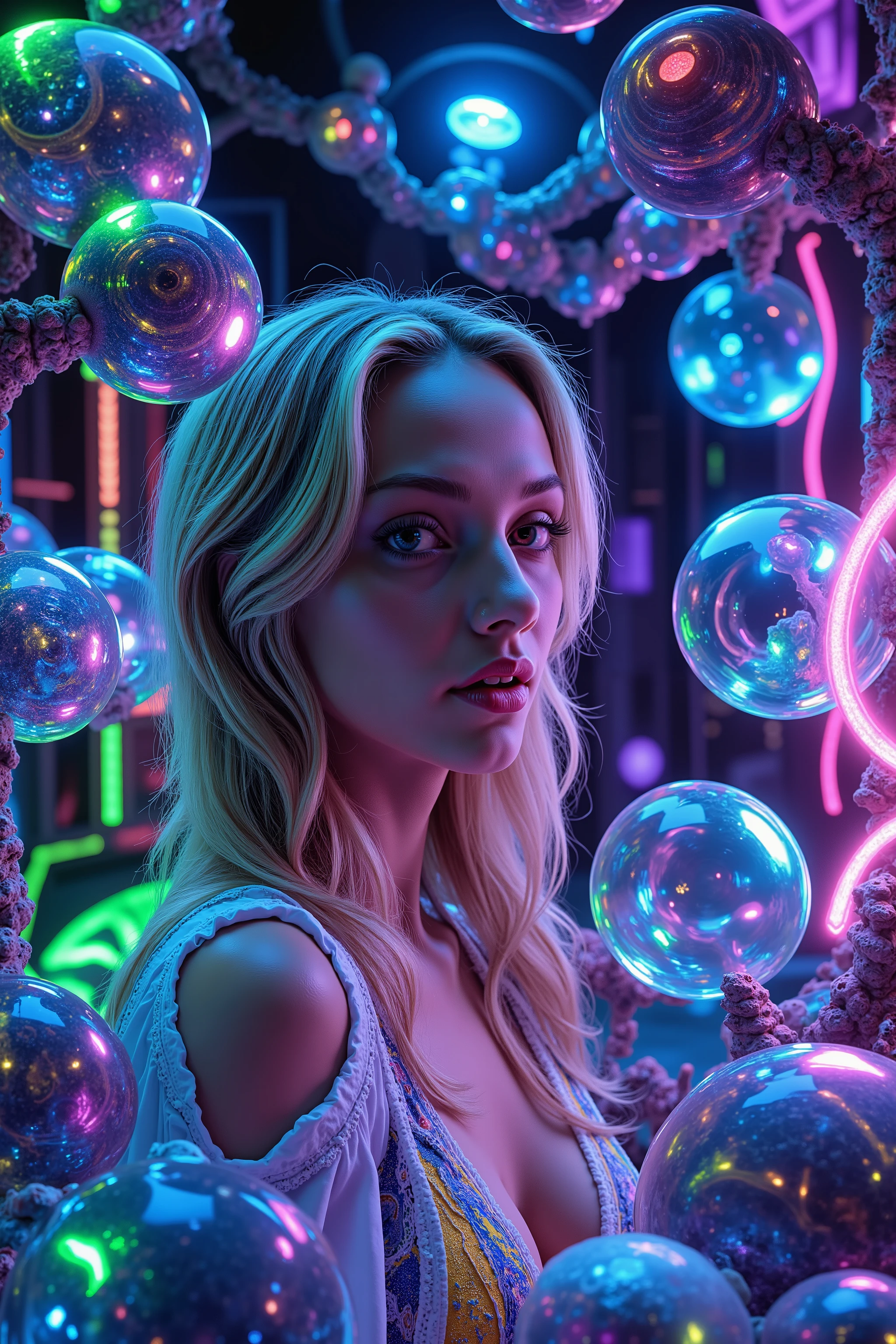 Ultraviolet bright glow and shine reflects off of all objects in this image. Fabricated Blonde young woman, very attractive, her dress is glowing within, in super bright ultraviolet light. Around her the spheres and orbs reflect vibrant colors shimmering, glass morphing from colors, intricate patterns twist in and out of objects while dripping into each other, perfectly formed symmetrical spheres and glowing reflective bubbles, extreme attention to detail on the bubbles and spheres, rainbows of color twist out of translucent orbs, spilled paint and spirals of swirling color in the background, beautiful psychedelic digital art, pixel art, neon colors, 4d mandelbulb psychedelics, glass-like psychedelic landscape, intricate rainbow environment, psychedelic underwater brightness, trails of color and light, bright fluorescent colors, psychedelic vibrant colors, bright psychedelic neon colors, colorful paint drips out of the bubbles, 3D glass spheres melting into each other spilling out colors, visually disorienting, hallucination inducing, optical illusions, startling, stunning images, awe-inspiringly, best quality cyborg girl, portrait photography, surrealism, photorealistic, hyper detailed, glass morphism, digital art, sparkle, optical illusion, glowing light, reflection light, overexposure, god rays backlighting, depth of field, rotational symmetry, UHD, high details, high quality, super detailed, best quality, award winning, Masterpiece. Spheres reflecting light everywhere and it brings out images and optical illusions for the viewer's disorienting experience of looking at it. Super bright neon flux Colors.** incorporate bright neon green, neon blue, neon purple, neon yellow, &blood red**Extreme glow and shine reflect off