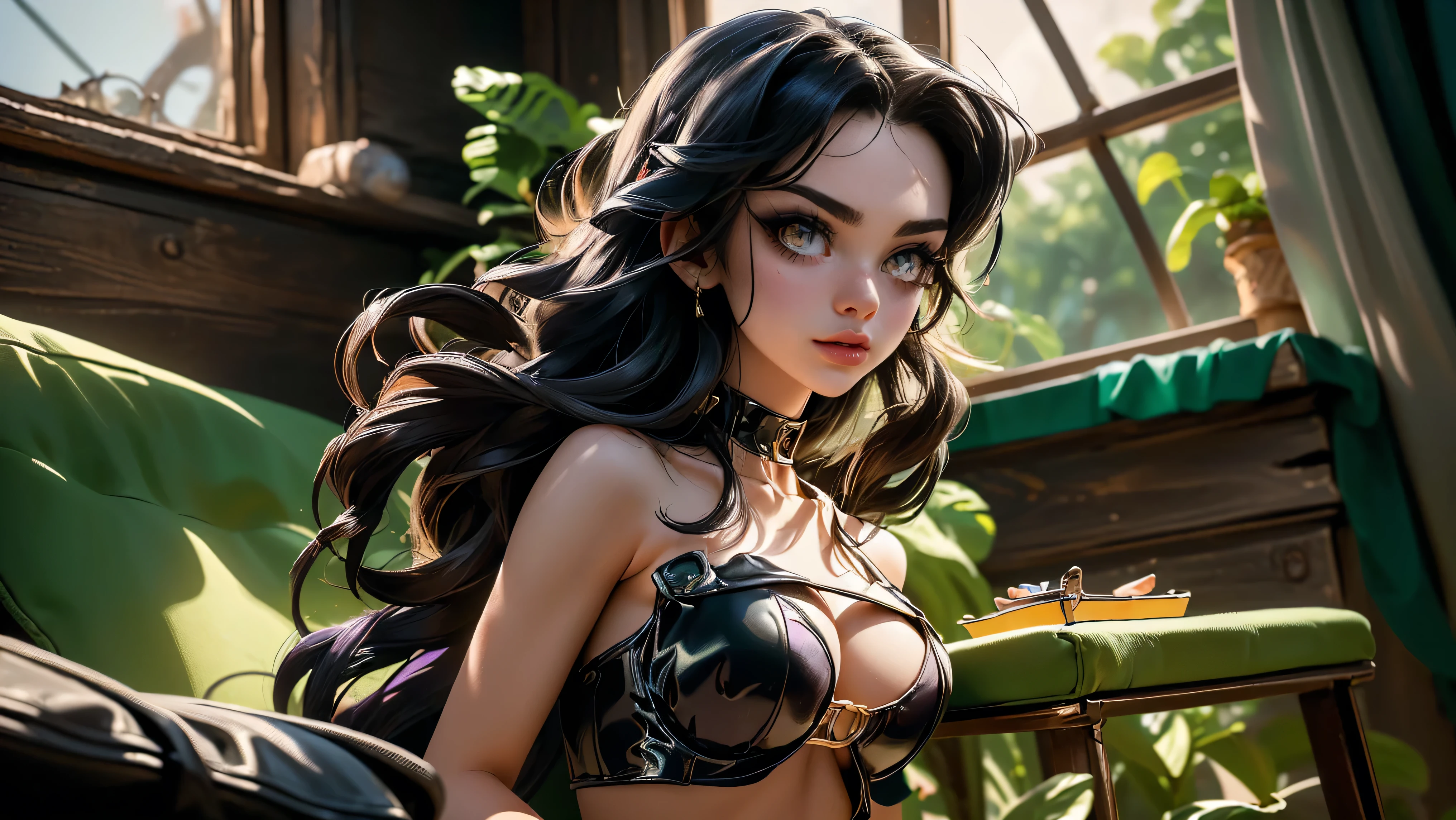 ((single girl, solo, only one girl)), ((standing in front of a window with the sunlight highlighting the curves of her body)), ((realistic)), ((goth girl)), ((li girl)), ((makeup)), ((long eyelashes, mascara, eyeliner)), ((black eyeliner)), ((dark lips)), ((purple hair)), (Middle ages), (cowboy shot), (close up), ((slave girl)), ((girl standing holding her tits)), ((trying to entice you)), ((cute, young, 15)), ((tall and lanky)), (Skinny), (thin frame), (fit, body), (feminine body), (small breasts, round breasts), ((sexy clothes)), ((extremely revealing)), cleavage, beautiful, perfect face, perfect body, large eyes, green eyes, staring at you longingly, Middle Ages, Fantasy,