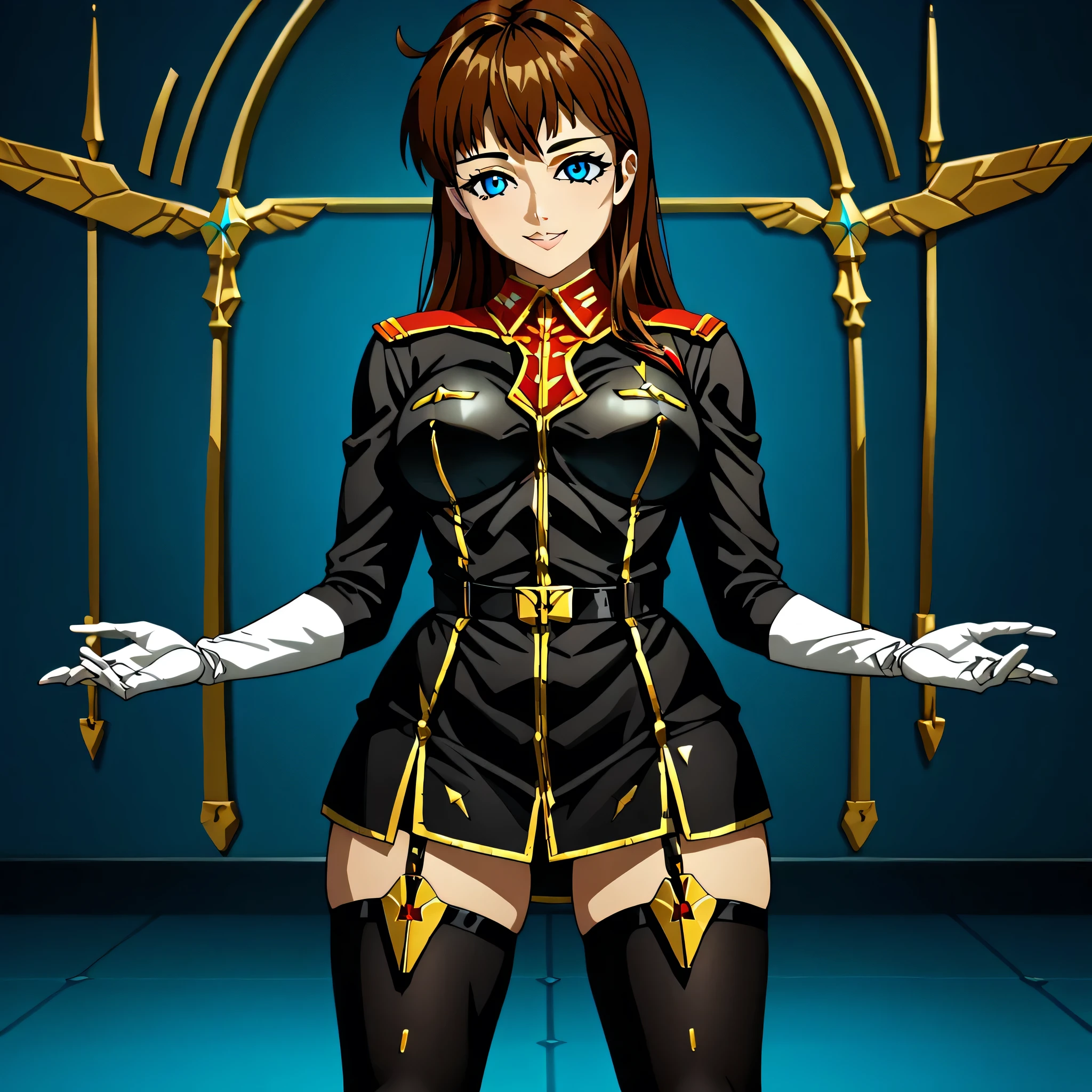 ultra-High resolution, score_9,score_8_up,score_7_up,score_6_up,score_5_up,score_4_up, BREAK, source_anime, anime screencap, uncensored, rating_explicit, Masterpiece, curvy, looking at viewer, (((solo, 1girl))), hair ornament, (((TitanOutfit))), full body, smile, happy, medium breast, miaa, brown hair, long hair, blue eyes, seductive pose, submissive pose, (((young girl, cute)))