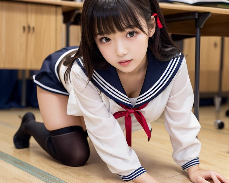 ((highest quality、8K、master piece:1.3))、Drawing a beautiful woman，、that girl、Highly exposed Japanese high school girl uniform、super mini skirt、white panties、1 girl、beautiful japanese woman:1.3、beautiful woman with perfect style:1.4、perfect eyes、Calm eyes、perfect iris、perfect skin、super detailed face、delicate eyes、double eyelid、soft cleavage、smile、((Squat down and open wide:1.32))、I can see my knees clearly:1.35、((Capture the whole leg:1.388))、((saggy breasts:1.41))、((自分でスカートを持ち上げてwhite pantiesを見せて:1.23))、((丈の短いblack socksを履いて:1.33))、((Wear loafers:1.29))、The photographer is looking up from below.、((See here:1.23))、black socks、((Open your legs wide to the left and right))、((12 years old:1.43))、smile、japanese sailor suit、((twin tail hair:1.23))