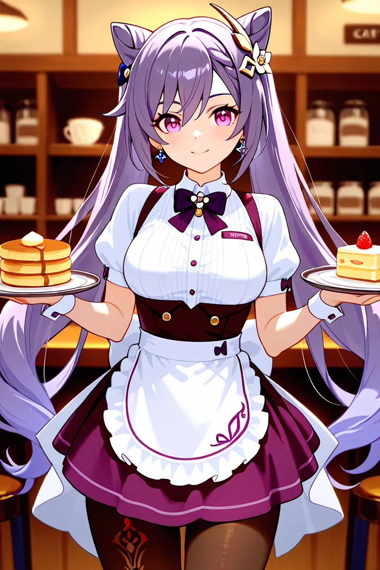 dark skin, cute young girl, working in a cafe, nude, blushing, wearing a long apron, medium breasts, cleavage, white apron, final fantasy 14 logo on aprong, white thighhighs, serving a latte, long purple hair, pretty purple eyes, cat ears, ultra detailed, masterpiece, soft lighting, smiling, perfect anatomy, perfect hands, best quality, materpeice:1.2