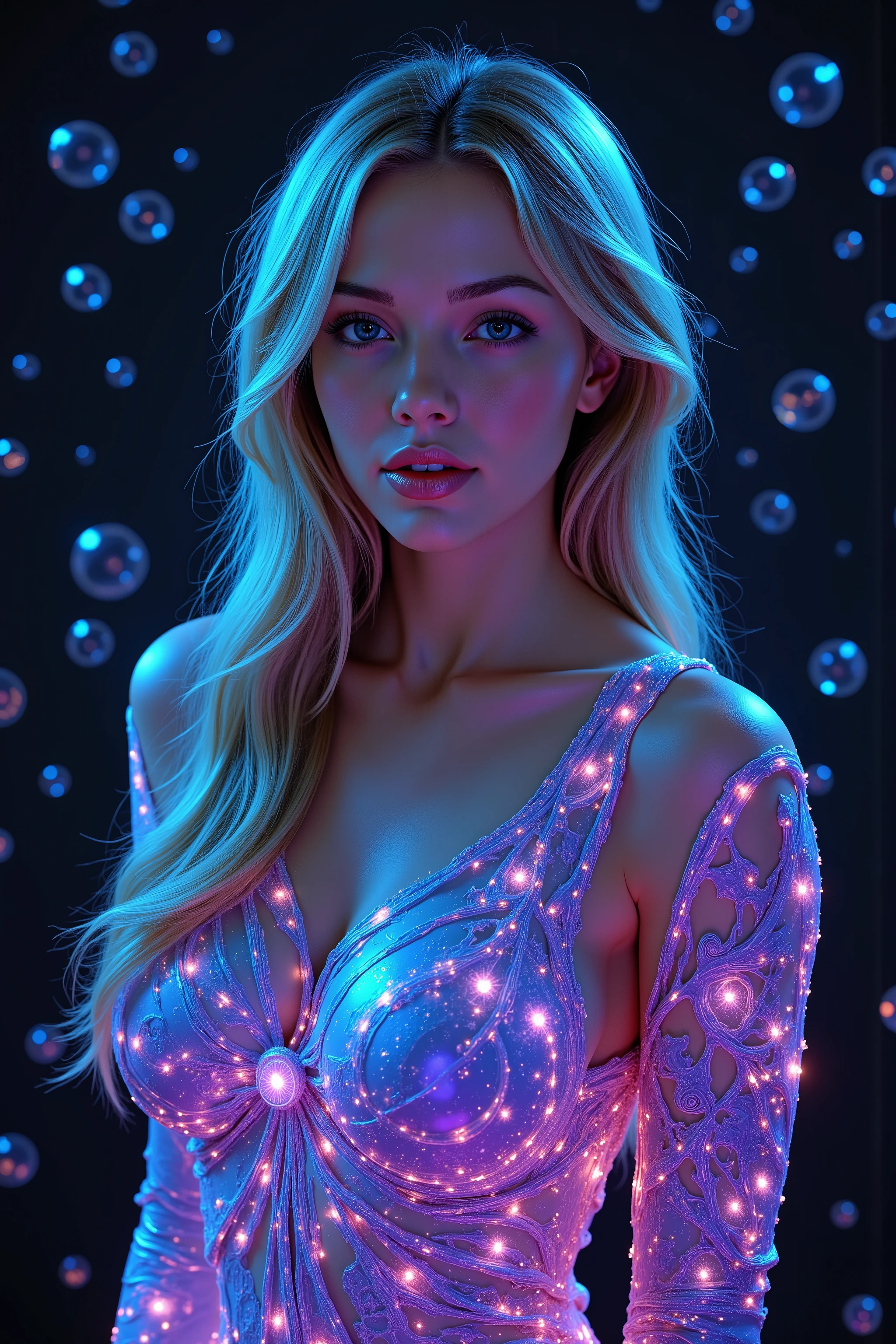 Ultra realistic, extremely bright ultraviolet glow and shine off of the highly reflective dress worn by a tall gorgeous looking woman. Blonde young woman, very attractive, her dress is glowing with ultraviolet light. Many mirrors reflect vibrant colors shimmering, glass morphing, perfectly formed symmetrical spheres and glowing reflective bubbles, extreme attention to detail on the bubbles and spheres, translucent orbs, black, glossy background, beautiful neon colors, 4d mandelbulb psychedelics, glass-like reflective landscape, intricate, psychedelic underwater brightness, trails of color and light, bright fluorescent colors,vibrant colors, bright psychedelic neon color drips out of the bubbles, 3D glass spheres melting into each other spilling colors, visual, startling, stunning images, awe-inspiringly, best quality wallpaper, pixel assets, portrait photography,photorealistic, hyper detailed, glass morphism, sparkle, glowing light, reflection light, god rays, backlighting, rotational symmetry, UHD, high details, high quality, super detailed, best quality, award winning, Masterpiece. Spheres reflecting light everywhere. Super bright neon Colors.** incorporate bright neon green, neon blue, neon purple, neon yellow, & blood red. Extreme glow and shine.