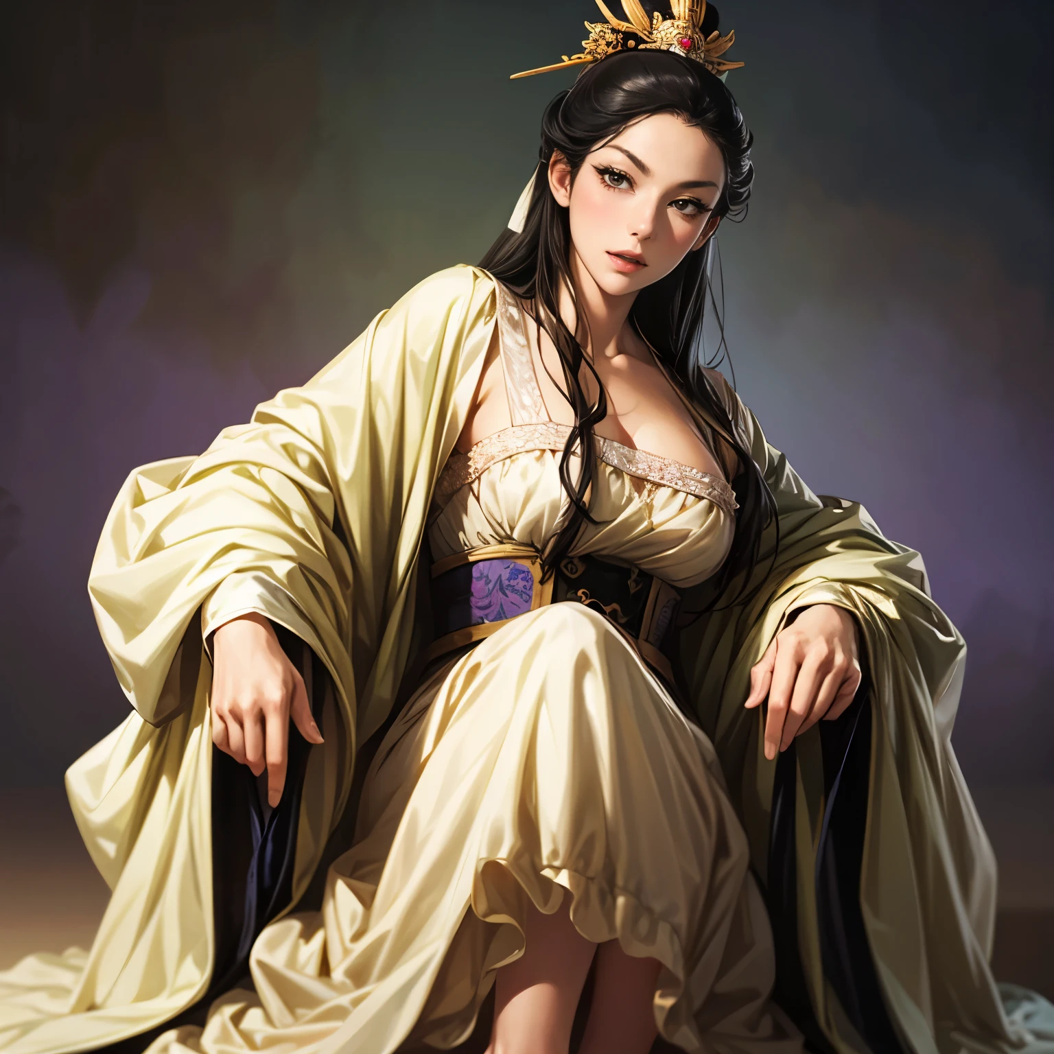 (( full body)),  Three Kingdoms illustration , Rococo figure , Female solo,  Beautiful Woman,  beautiful face ,  perfect hand , ( black hair ),  sexy expression ,,  various poses, Brilliant background ,  blurry background 