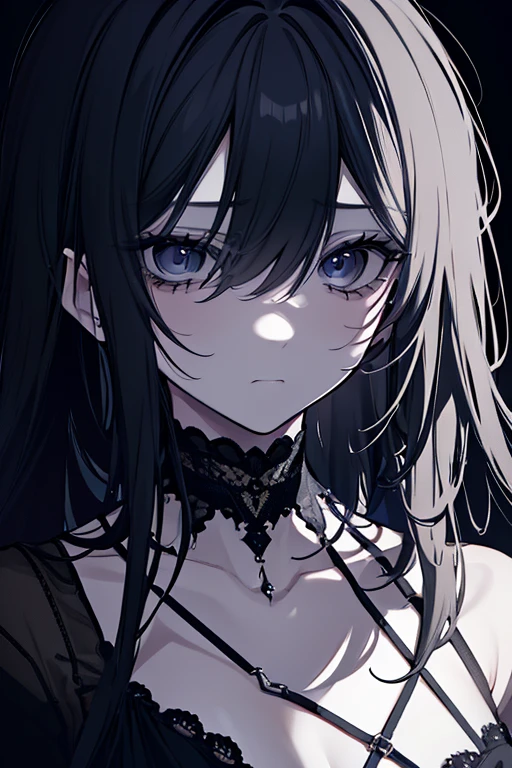 1 girl, (dark skin:1.2), shy, cute, cold expression, (8k, RAW photo, best quality, masterpiece:1.2) ultra-detailed, Super detailed, vivid colors, studio lighting, portrait, black coloured eyes, Night clouds background, Aesthetic, romantic, Luna, wearing goth collar, black hair, unbuttoned shirt revealing her chest, head to waist