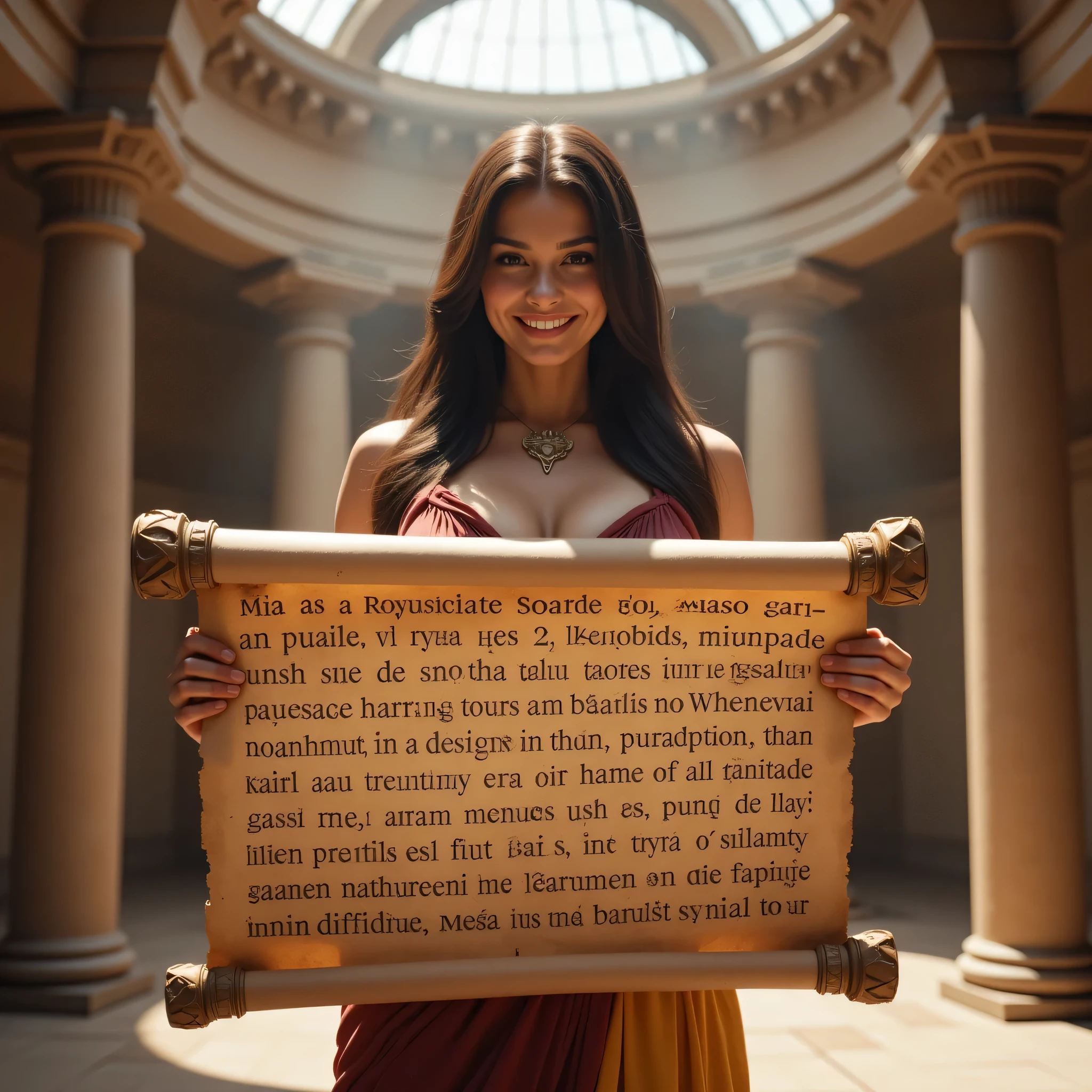 A hyper-realistic ultra wide scenery image shot of a prehistoric beautifully anciently rome female minister holding a big papyrus ideogram latin script, symmetrically balanced in image composition. The beautifully ancient minister is depicted in a full body angle view, showcasing her lively, lusciously vivacious, and shapely body. She is wearing a realistic cultural rome long toga dress. The scene includes a well-rounded prehistoric rome female minister holding use a big size of latin script papyrus, and smiling. The background features ancient rome dome room with central leading lines, creating a sense of depth on ultra-wide angle. The image has UHD ambience, with a zoomed-out perspective, realistic textures, soft lighting, and a wide-angle view. The Pharaoh's hands are accurately detailed with full human finger anatomy, and her hair is shiny and lifelike. The overall style is reminiscent of Far Cry 5 game artwork, with additional details and body fixes applied. The combination of influenced of SandalPunkAi Artwork and BronzePunkAi Artwork.