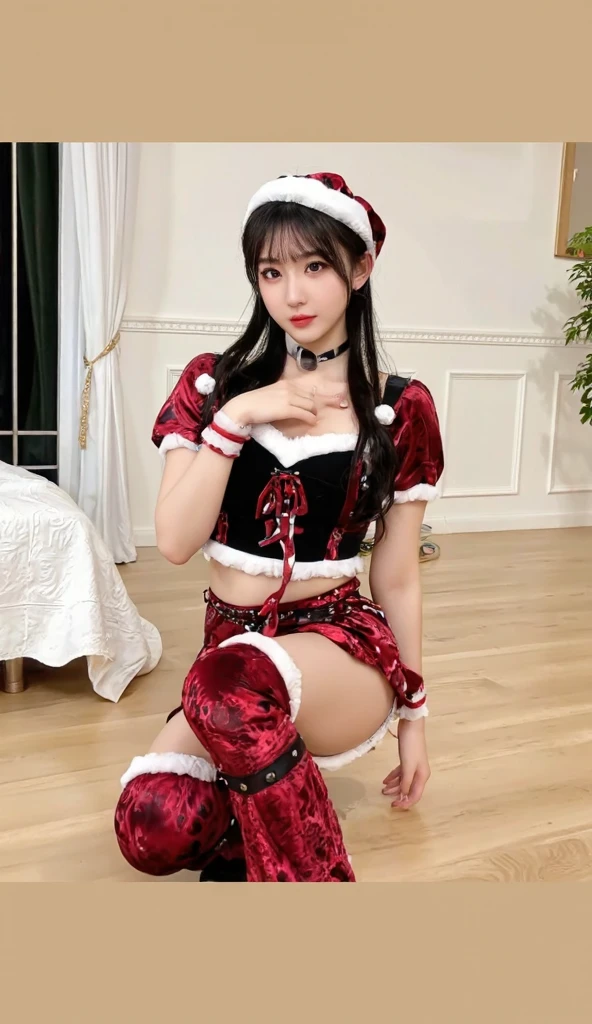 (disable censorship), (realistic photo), (masterpiece), chinese girl wearing christmas elf cosplay, green top, green skirt, ((red-white striped socks)), seductive, pudica pose, bedroom