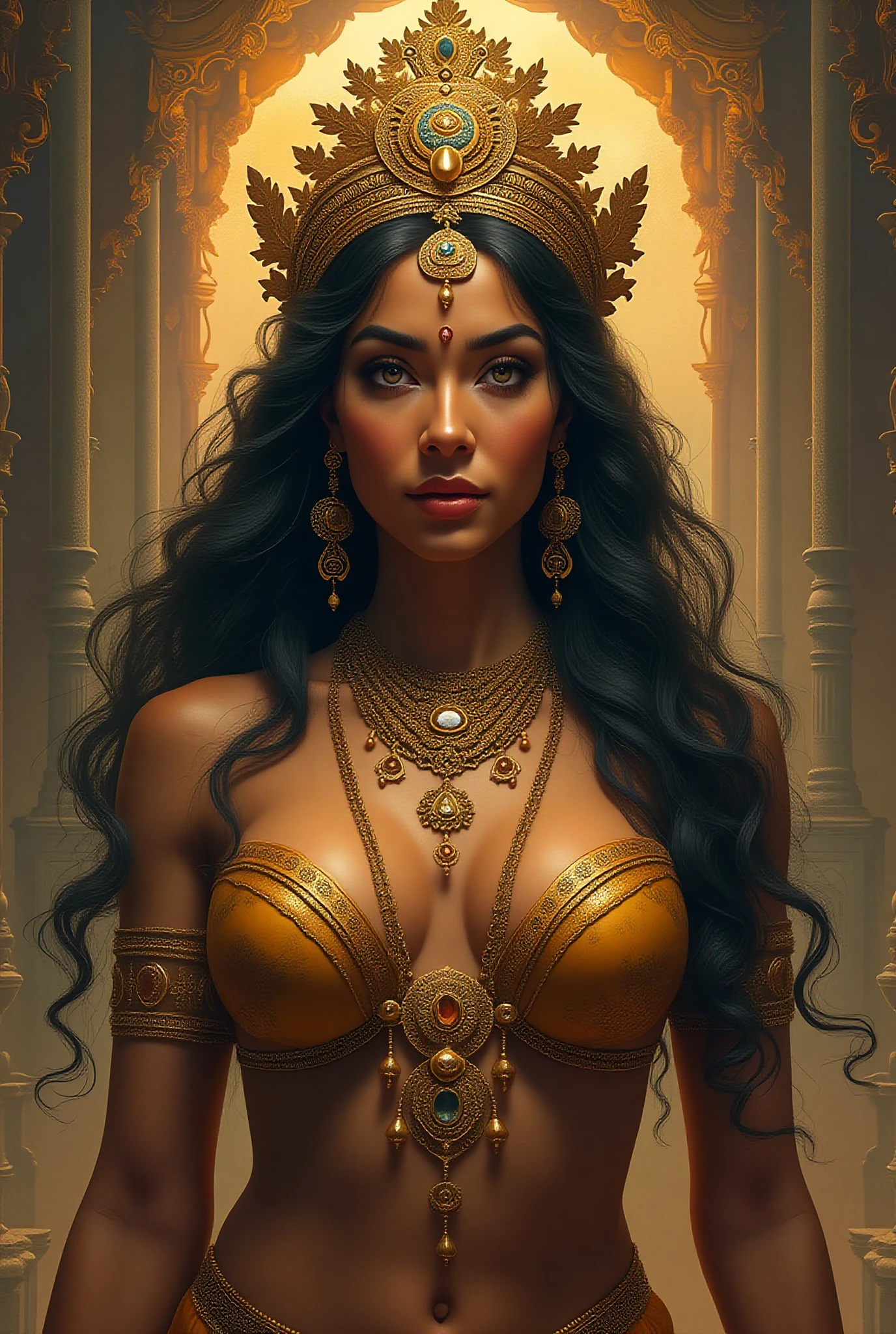 a beautiful hindu goddess, detailed face, piercing eyes, full lips, long flowing black and golden dress, holding a trishul, a majestic lion nearby, intricate jewelry, glowing ethereal aura, highly detailed, photorealistic, dramatic lighting, vibrant colors, ornate background, digital art