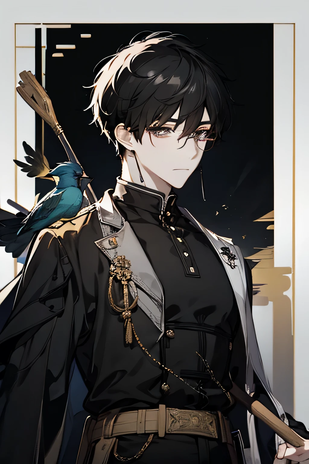 Wizard、Elf、Round Glasses、Commander、male、One person、 black hair、 odd-eye、 black costume、cane holder 、 tall、bird