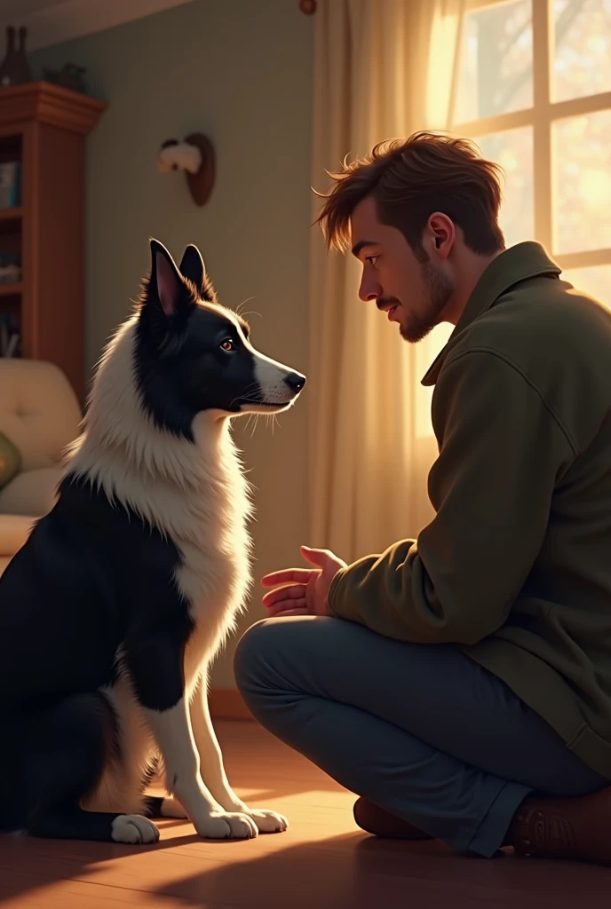 Create an image of a sick young man, kind, 20 years old, with black hair and blue eyes saying goodbye to his Siberian dog who has one brown eye and one grey eye, that the title of the image says: “The eyes of the Siberian dog”, that below in small print says: “Antonio Santa Ana” and next to that it says: “The look is the reflection of what we have in our hearts, But none can match the purity that emanates from the gaze of the most innocent being.", in the background by a gentleman in a formal suit, serious and well dressed, holding hands with a brown-haired, brown-eyed woman also dressed formally and with a warm smile, next to them, a boy with brown hair and brown eyes smiling towards the dog and the sick young man