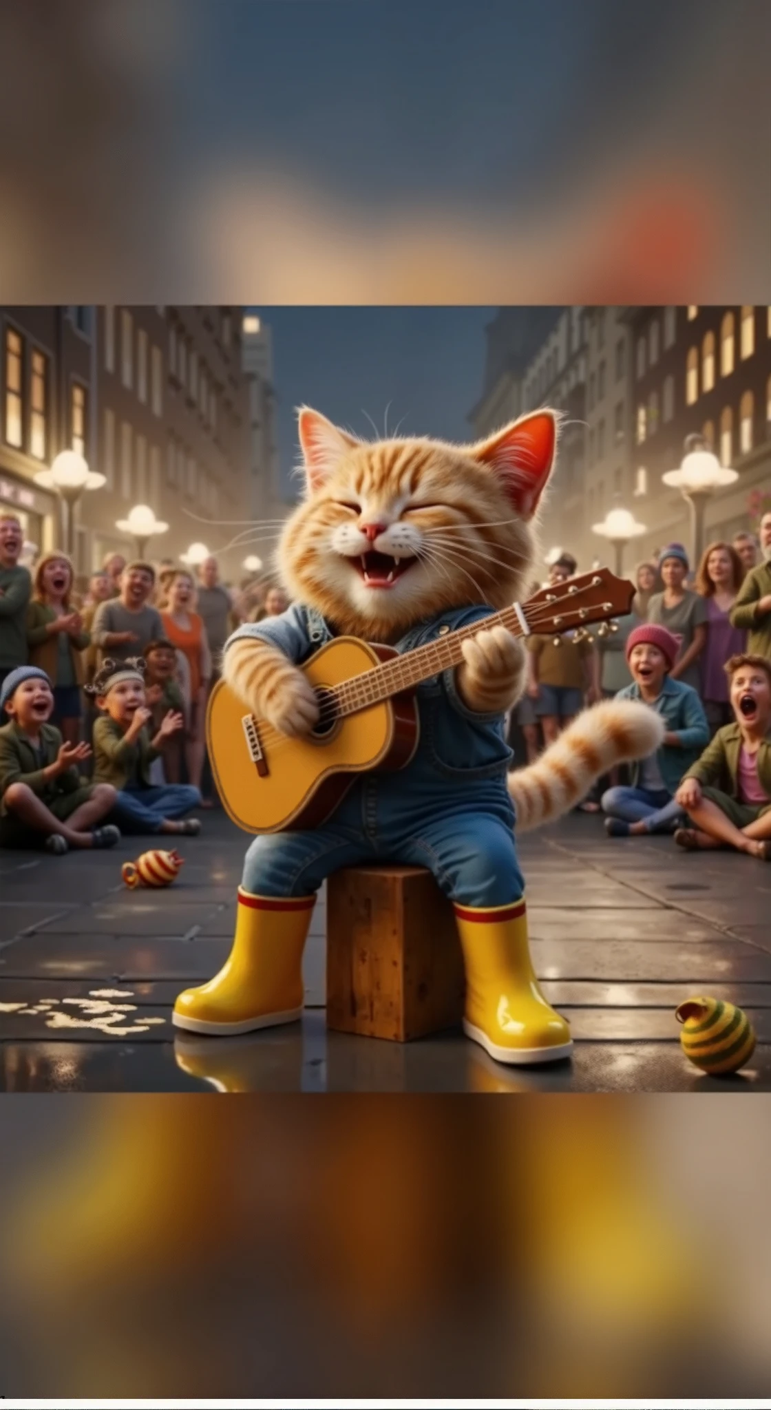There is a cat that is playing a guitar in the street - SeaArt AI