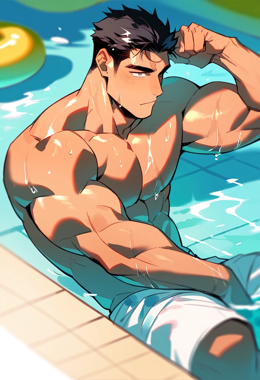 there is a 40 yo man with a beard in a swim suit standing on a surfboard, clean detailed anime art, squatting down next to a pool, muscular!!, muscular thighs, detailed legs looming over you, gigachad muscular, detailed anime art, male art, detailed digital anime art, inspired by Tomer Hanuka, muscular character, muscular legs, pixiv, at pixiv sexy feet sexy barefoot muscle