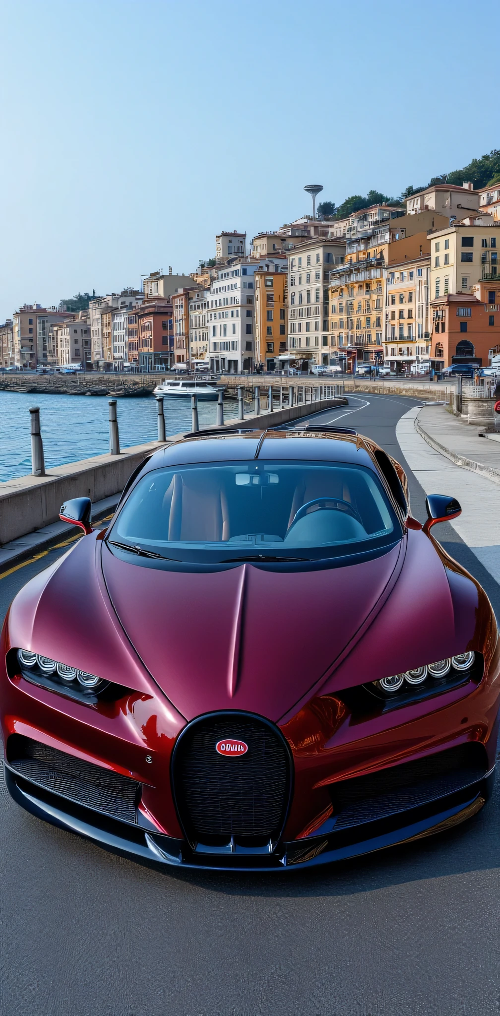 **Angle of view:** la cámara está a 45 grados y ligeramente por encima del auto, highlighting its aerodynamic shape . The car is parked on a bridge over the sea .
**color:** The car is made of intense wine , almost burgundy , with a soft and uniform shine .
**Shape and design:** The Bugatti Chiron has aerodynamic lines , with a front part in the shape of "C" inverted and narrow headlights in the shape of "l".
**image background:** The bridge extends over a clear blue sea , with buildings of various styles and colors on the shore , some modern and others classic .
** details :** la línea de cintura del auto es alta y curva, the wheels are large and silver , and the rear part is aerodynamic with a distinctive exhaust outlet .
**luces y reflejos:** los faros delanteros son de un brillo blanco suave y las luces traseras son rojas. la superficie del auto y el entorno reflejan la luz, adding depth to the image .