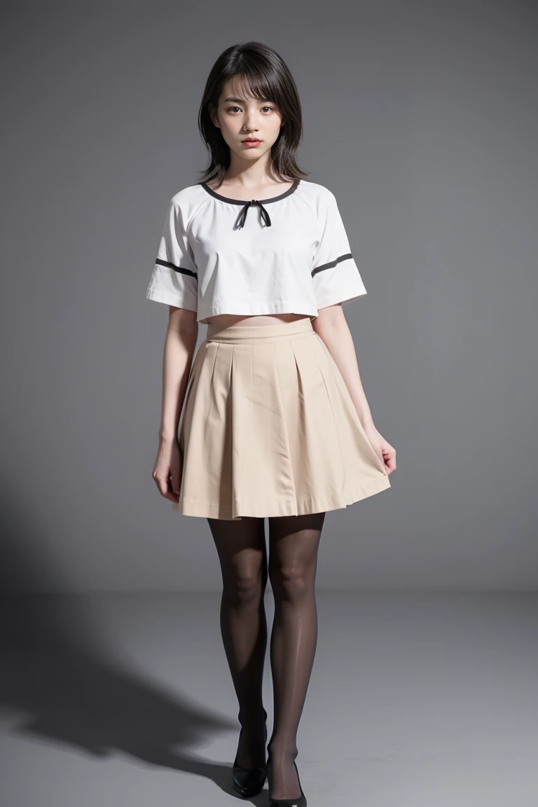 A 15-year-old nun, big breasts, short hair, Brown hair, pink lips with a sweet smile, blue eyes, Pale skin, an adorable face, with white shoes, showing abdomen, with miniskirt