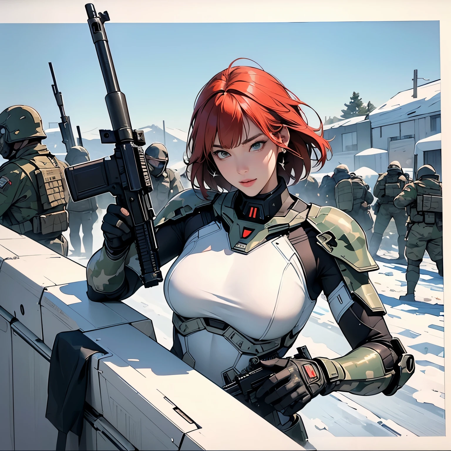 nsfw, anime screencap, 16K, perfect anatomy proportion body, perfect hands, action, A dynamic composition with a sense of speed and movement, (Hold an assault rifle:1.6), a wife, 40age, perfect beautiful delicate sexy face, perfect beautiful delicate slanted red eyes, red hair, swept bangs pixie cut, medium breasts, abs, Heavy armored steam-powered suit with intricate chainmail, Many robot soldiers having a gunfight in the background, Flying bullets, Desert Battlefield, war, Post-apocalyptic,