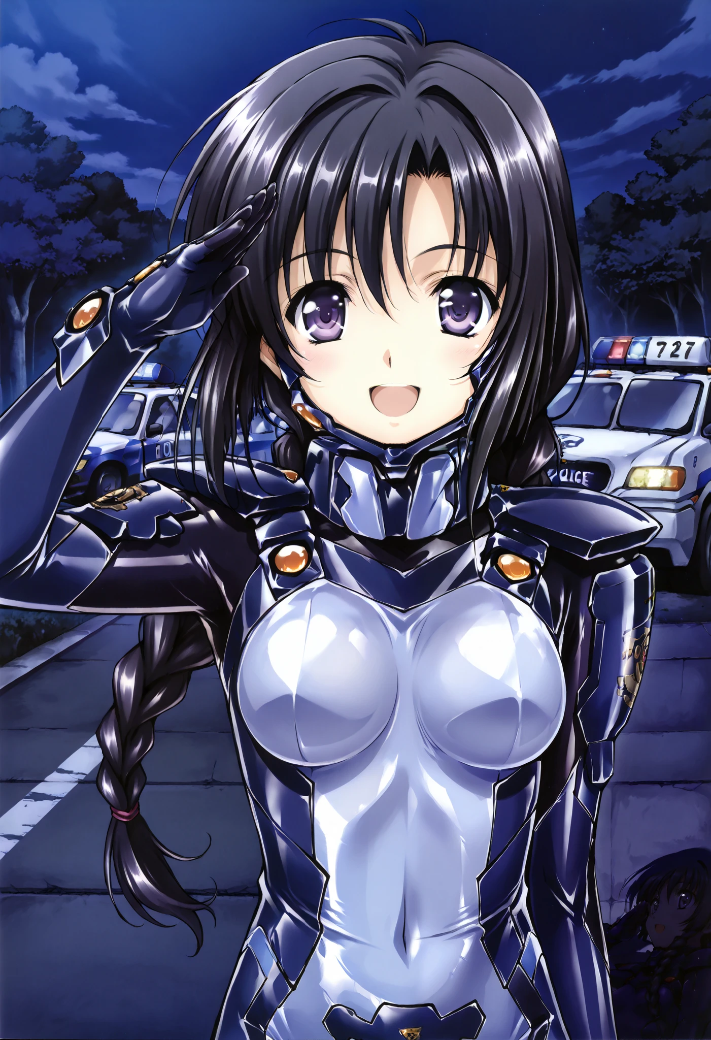 absurd, (absurd_resolution), masterpiece, best quality, (best illustration), (best shadow), ultra-High resolution, score_9, score_8_up, score_7_up, BREAK source_anime, 1girl, solo, perfect body, shiny skin, perfect eyes, detail1eye, anime style, outdoor, night, ((cute, young,)) Miyuki Kobayakawa, purple eyes, black hair, braid, long hair, smile, open mouth, salute, upper body, police car, medium breasts, bluetype99fortifiedsuit, fortified suit, pilot suit, armored bodysuit, impossible bodysuit, skin tight, blue bodysuit, shiny clothes, chin guard, headgear,
