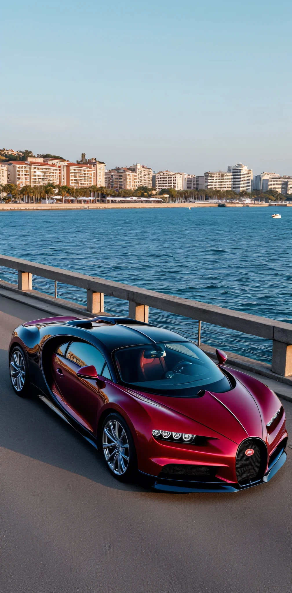 **Angle of view:** la cámara está a 45 grados y ligeramente por encima del auto, highlighting its aerodynamic shape . The car is parked on a bridge over the sea .
**color:** The car is made of intense wine , almost burgundy , with a soft and uniform shine .
**Shape and design:** The Bugatti Chiron has aerodynamic lines , with a front part in the shape of "C" inverted and narrow headlights in the shape of "l".
**image background:** The bridge extends over a clear blue sea , with buildings of various styles and colors on the shore , some modern and others classic .
** details :** la línea de cintura del auto es alta y curva, the wheels are large and silver , and the rear part is aerodynamic with a distinctive exhaust outlet .
**luces y reflejos:** los faros delanteros son de un brillo blanco suave y las luces traseras son rojas. la superficie del auto y el entorno reflejan la luz, adding depth to the image .