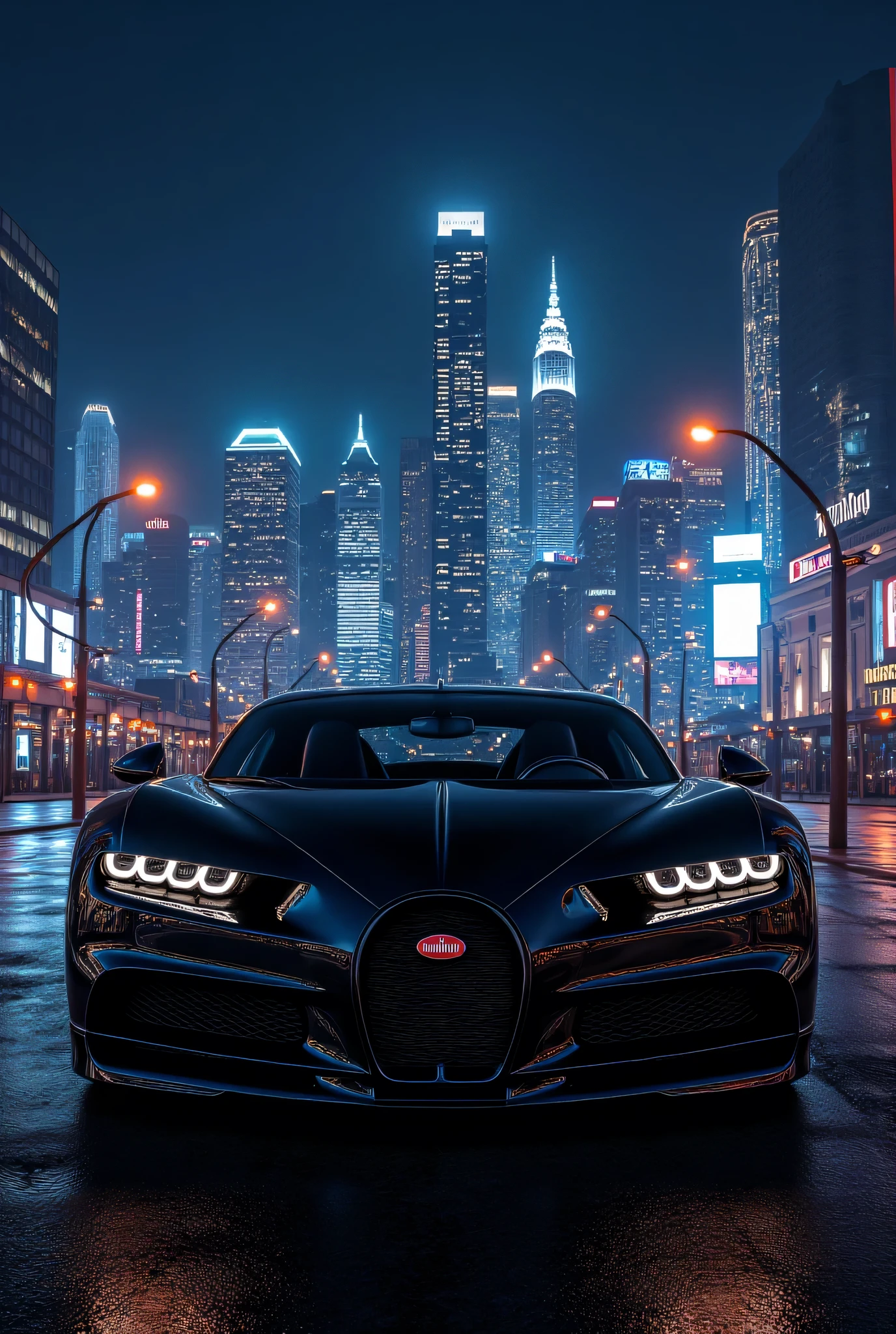 Hyperrealistic image of a black Bugatti Chiron car on a background of a beautiful city at night. Cinematic light, 4k, uhdk.