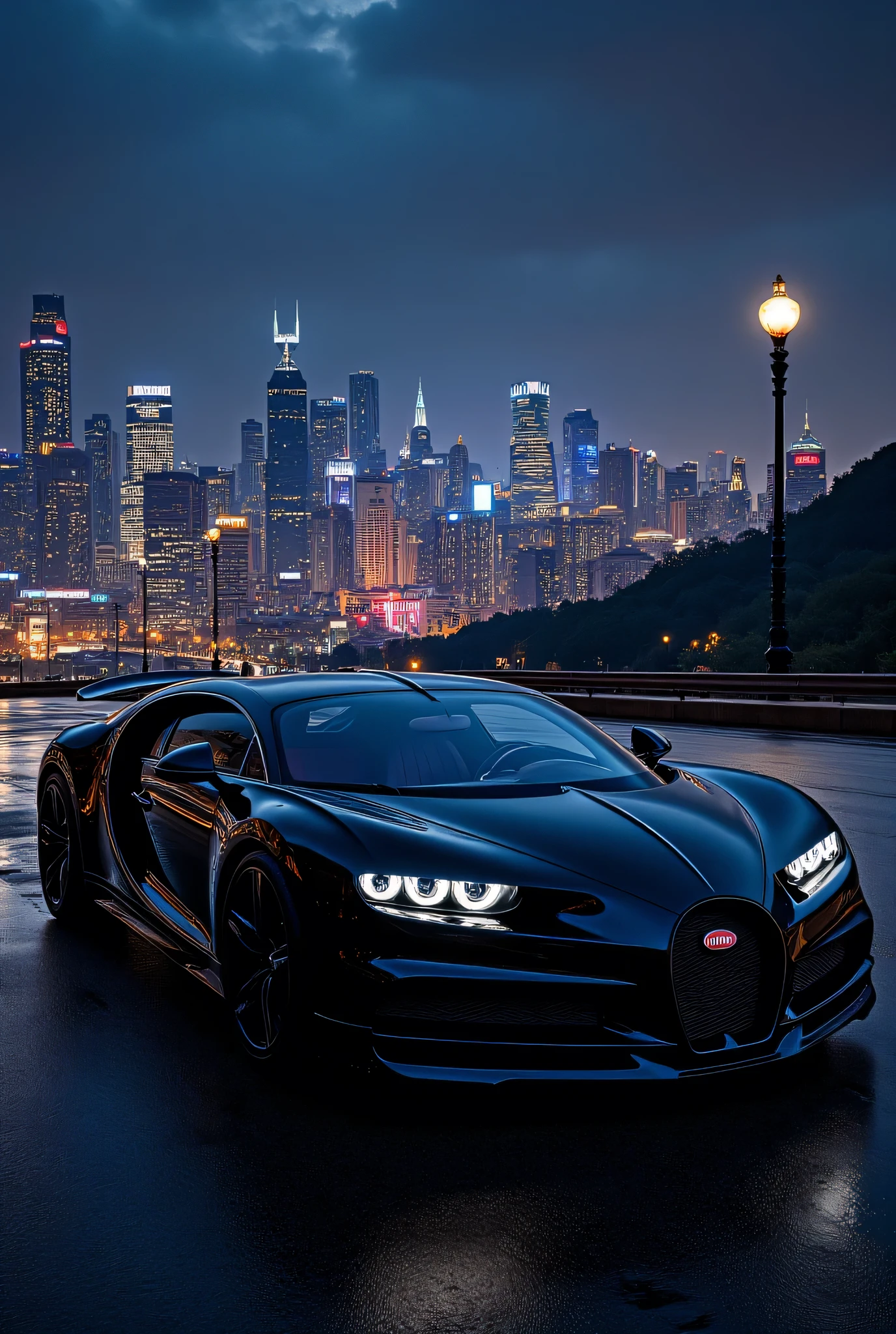Hyperrealistic image of a black Bugatti Chiron car on a background of a beautiful city at night. Cinematic light, 4k, uhdk.