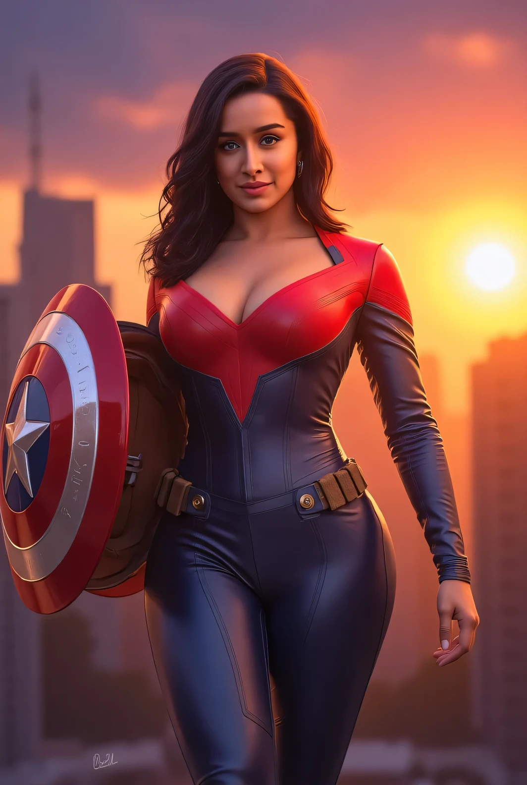 A dynamic and empowering illustration of Shraddha Kapoor dressed in a Captain America costume, which includes a fitted suit in red, blue, and white with the iconic star emblem prominently displayed on her chest. She confidently holds a vintage Captain America shield, reflecting light, standing amid a city skyline. The scene is vibrant, with dramatic lighting highlighting her features, and her hair is styled in loose waves. The background features a sunset sky, adding a sense of heroism and adventure to the image.