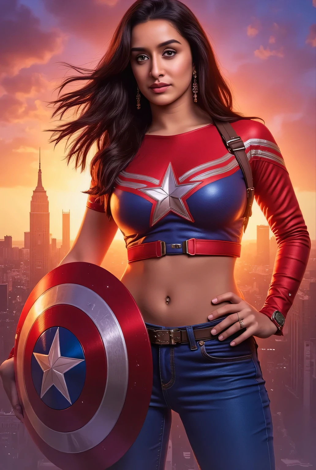 A dynamic and empowering illustration of Shraddha Kapoor dressed in a Captain America costume, which includes a fitted suit in red, blue, and white with the iconic star emblem prominently displayed on her chest. She confidently holds a vintage Captain America shield, reflecting light, standing amid a city skyline. The scene is vibrant, with dramatic lighting highlighting her features, and her hair is styled in loose waves. The background features a sunset sky, adding a sense of heroism and adventure to the image.