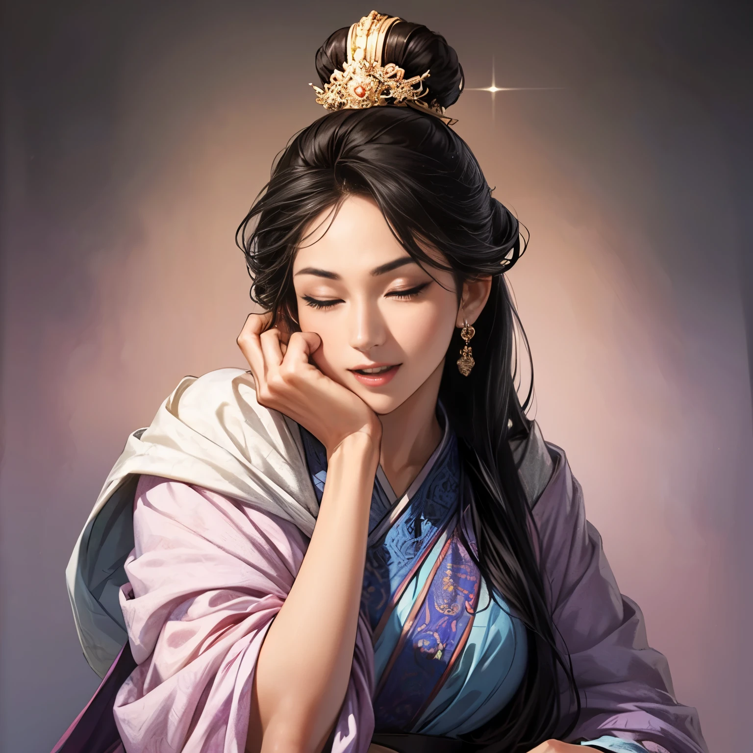 ((Create an image from the top of the head to the thigh)), Three Kingdoms illustration , Female solo, Beautiful Woman, beautiful face , perfect hand , ( black hair ), sexy expression , An expression with one eye closed, excited expression, Brilliant background , blurry background
