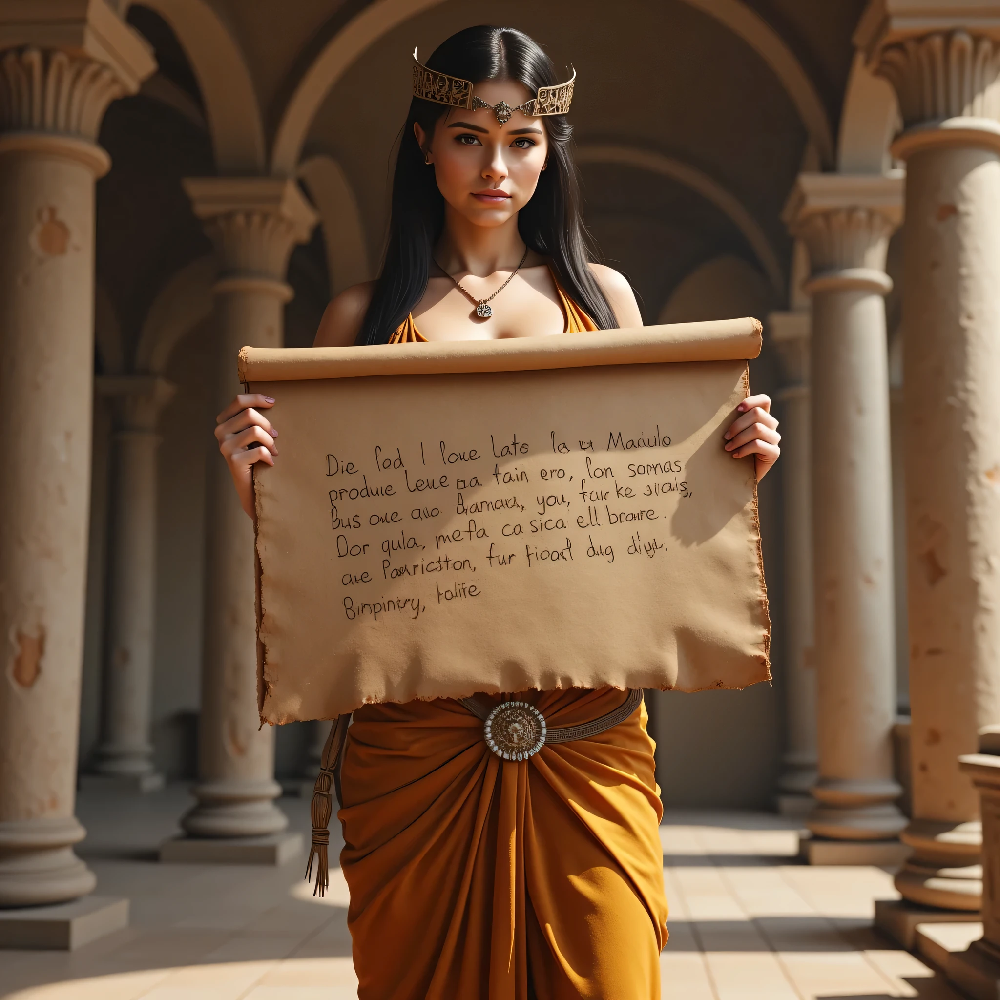 A hyper-realistic ultra wide scenery image shot of a prehistoric beautifully anciently rome female minister holding a big papyrus ideogram latin script, symmetrically balanced in image composition. The beautifully ancient minister is depicted in a full body angle view, showcasing her lively, lusciously vivacious, and shapely body. She is wearing a realistic cultural rome long toga dress. The scene includes a well-rounded prehistoric rome female minister holding use a big size of latin scripted papyrus, and smiling. The background features ancient rome dome room with central leading lines, creating a sense of depth on ultra-wide angle. The image has UHD ambience, with a zoomed-out perspective, realistic textures, soft lighting, and a wide-angle view. The Pharaoh's hands are accurately detailed with full human finger anatomy, and her hair is shiny and lifelike. The overall style is reminiscent of Far Cry 5 game artwork, with additional details and body fixes applied. The combination of influenced of SandalPunkAi Artwork and BronzePunkAi Artwork.