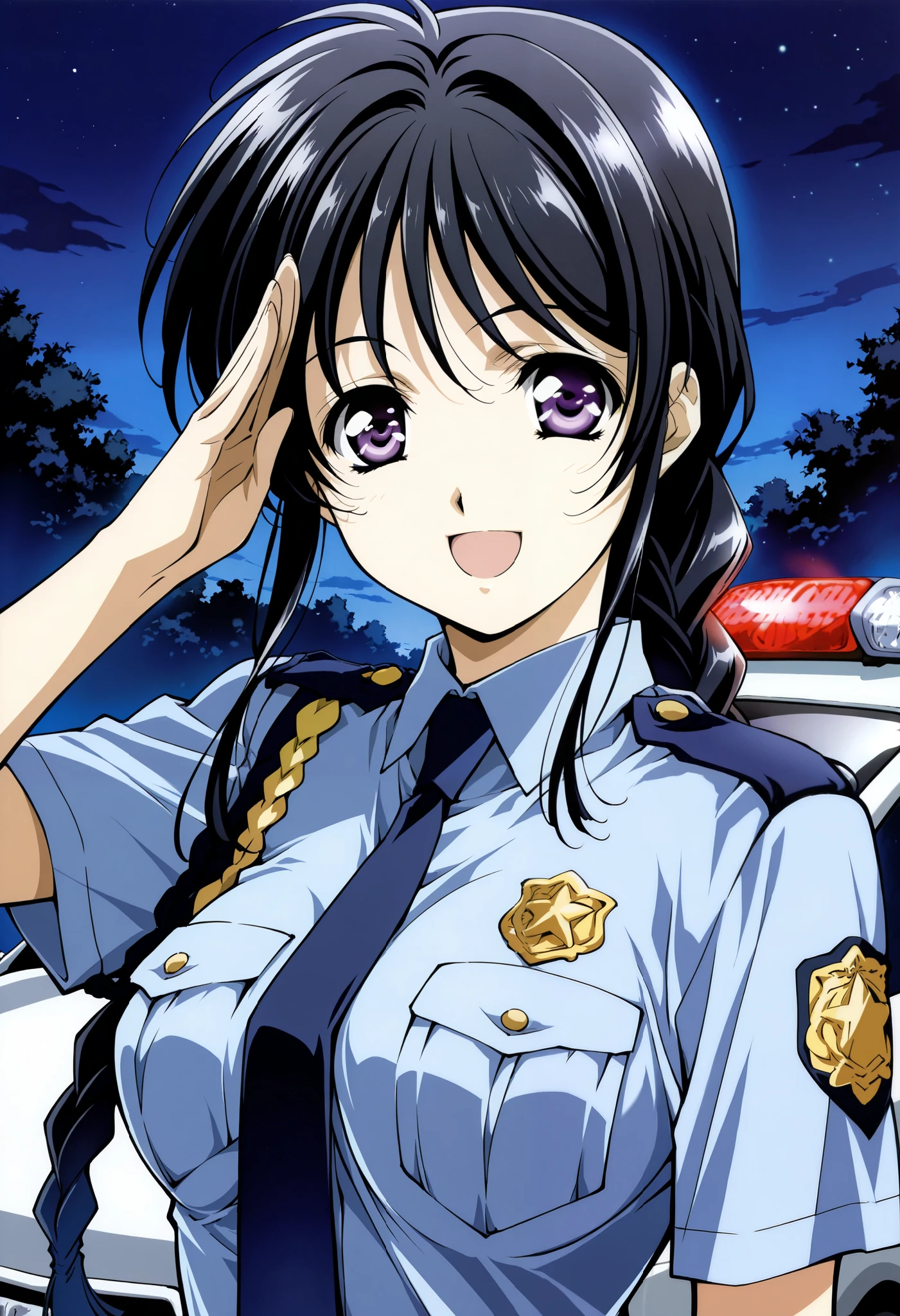 absurd, (absurd_resolution), masterpiece, best quality, (best illustration), (best shadow), ultra-High resolution, score_9, score_8_up, score_7_up, BREAK source_anime, 1girl, solo, perfect body, shiny skin, perfect eyes, detail1eye, anime style, outdoor, night, Miyuki Kobayakawa, purple eyes, black hair, braid, long hair, smile, open mouth, salute, upper body, police car, medium breasts, police uniform, police, policewoman, uniform, necktie,