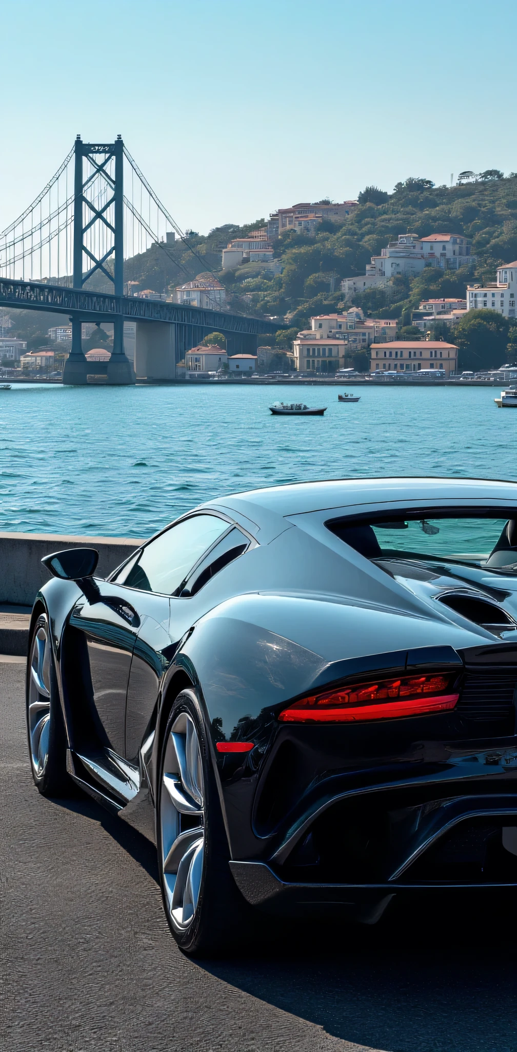 **image background:** The bridge extends over a clear blue sea , with buildings of various styles and colors on the shore , some modern and others classic .
** details :** la línea de cintura del auto es alta y curva, the wheels are large and silver , and the rear part is aerodynamic with a distinctive exhaust outlet .
**luces y reflejos:** los faros delanteros son de un brillo blanco suave y las luces traseras son rojas. la superficie del auto y el entorno reflejan la luz, adding depth to the image .