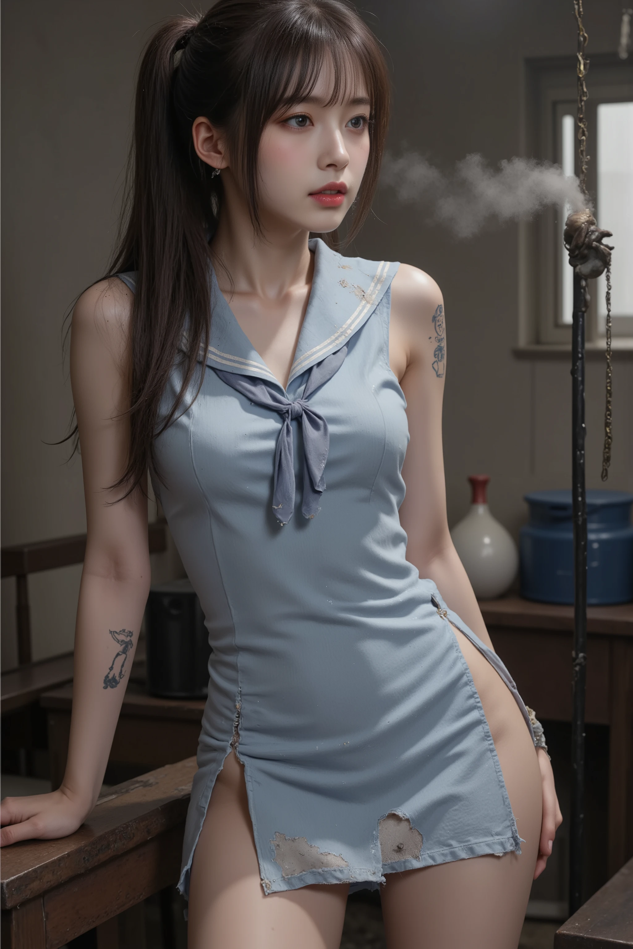 NSFW, penis_shadow,
Photorealistic,
Highly detailed,
full body,
a beautiful Korean girl,
She is very young, she is in her early s,
Her hair is slightly chestnut black,
her hairstyle is a long ponytail with bangs,
her hair is messy and frayed,
Her skin is as white as snow,
her thighs are very thick and curvy,
She has very large breasts and they are a little saggy,
She has several tattoos,
one of tattoo is a poop tattoo,
She was a Korean idol singer,
She is a prostitute now,
She is wearing a sleeveless light blue mini skirt dress,
which has a sailor collar,
The skirt of the dress has two deep slits that reveal both thighs,
the dress is very dirty,
the dress is torn in places,
(She is not wearing any underwear:1.5),
(She is not wearing any panties or pants),
Her whole body was dirty and dusty,
Her face and body are covered with numerous small scars, Bruise marks, Freckles, boils, rashes,
needle wounds, knife wounds, whip marks, wounds from being tied up,
She is facing forward,
a huge penis_shadow is on her face,
she looks up at the penis in awe,
aroused, horny,
in the slum room,