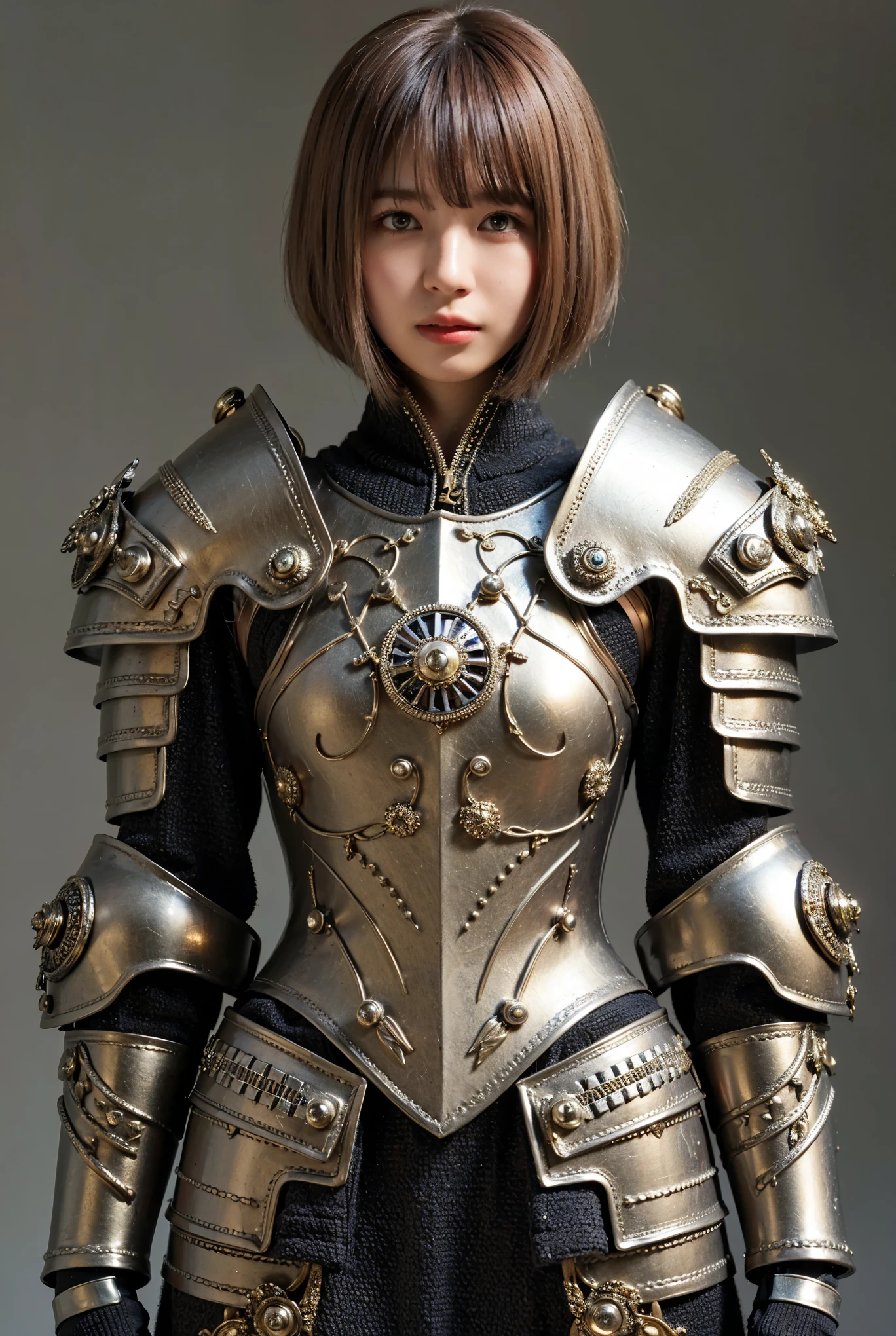 (Completely live action:1.37), (Amazingly realistic textures:1.37), (masterpiece, best quality:1.2), (8k uhd, 16k, 32k, ultra high res), amazingly realistic skin, amazingly realistic photo, superrealism, (photorealistic:1.37), (RAW photo), ultimately realistic, (ultimately realistic all details), (ultimately realistic all textures), super realistic lighting, super realistic shadow, (japanese girl:1.5), ((young face)), smiling, happy, super realistic face, ultimately realistic skin, ultimately realistic eyes, (mascara:1.35)ultimately realistic background, ultimately realistic detail up, kkw-ph1, GotouMaki, (Canon EOS R6, 85mm, 1/200s, f/5.6, ISO 1600), (tattoo), (knight armor:1.37), (sel-frame glasses), (blue eyes:1.2), (silver hair:1.3),
