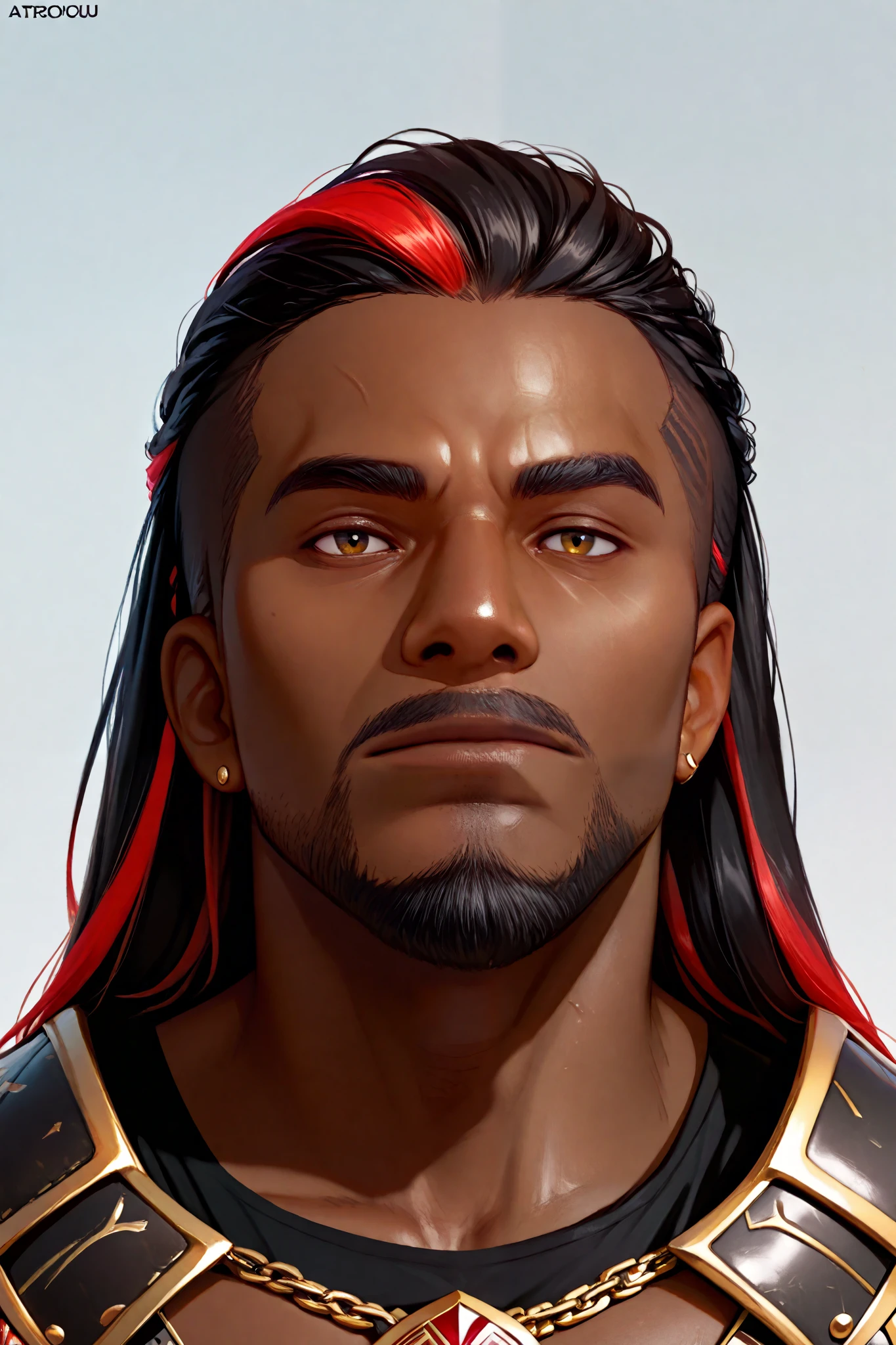 Create a dark-skinned African black man, With black dread hair with red highlights, with goatee, With bright luminous eyes red like fire, small ear rearser bronze armor with gold and diamond details black stones in, a setting of Battle