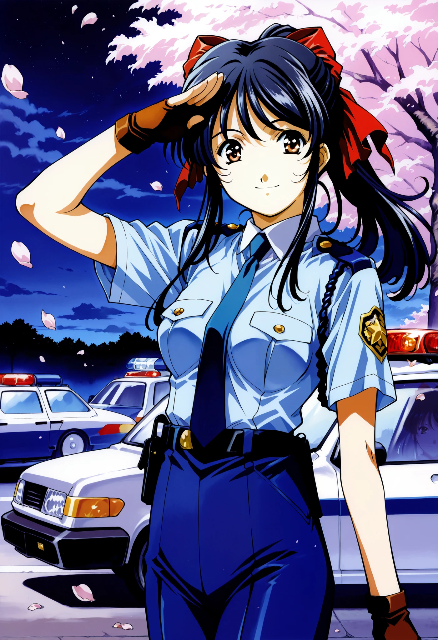 absurd, (absurd_resolution), masterpiece, best quality, (best illustration), (best shadow), ultra-High resolution, score_9, score_8_up, score_7_up, BREAK source_anime, 1girl, solo, perfect body, shiny skin, perfect eyes, detail1eye, anime style, outdoor, night, Shinguji Sakura, bow, black hair, red bow, long hair, brown eyes, gloves, petals, fingerless gloves, cherry blossoms, hair bow, ponytail, smile, salute, police car, medium breasts, police uniform, police, policewoman, uniform, necktie,