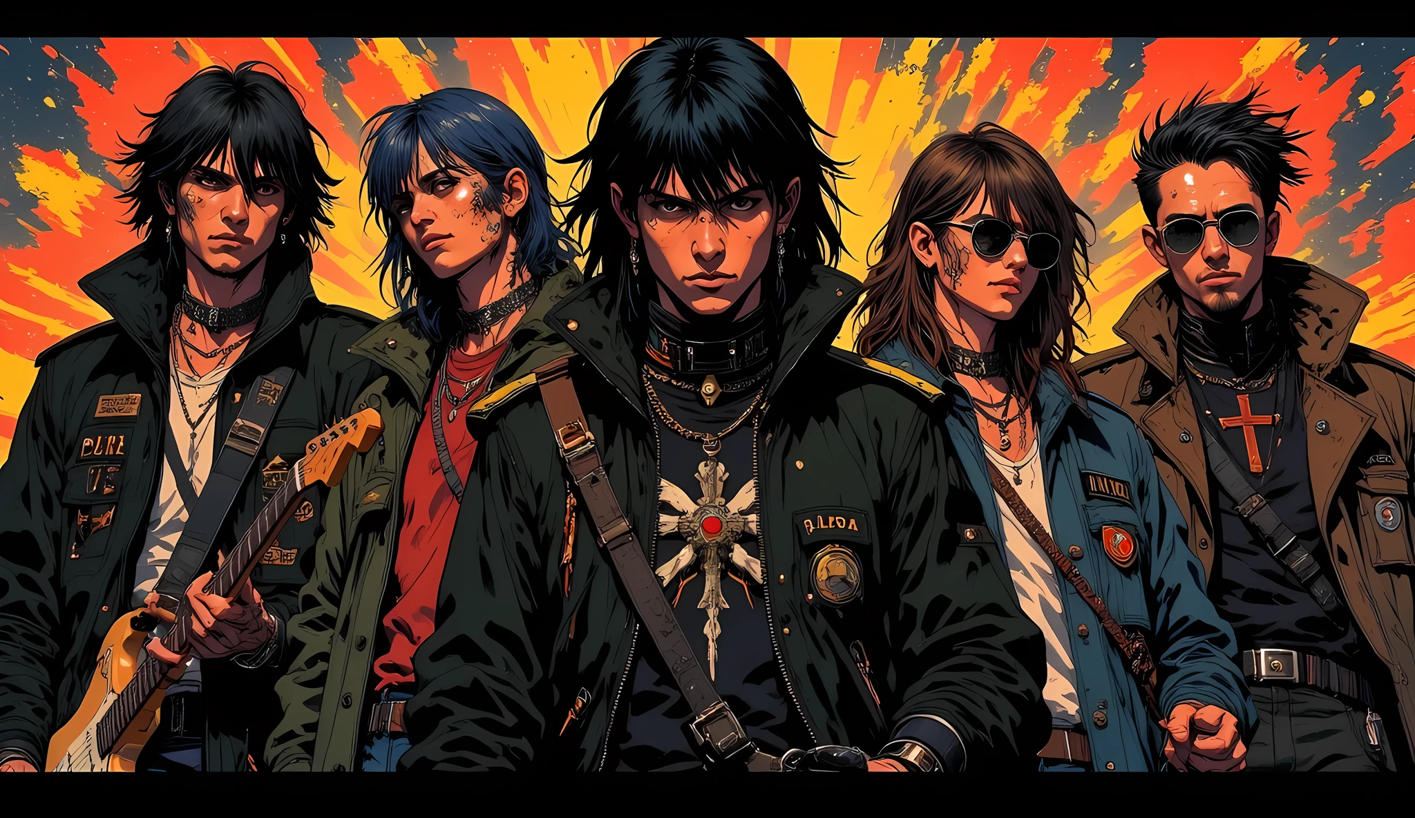 ((  RAW photo), absurdo, (  absurd resolution)),   masterpiece,  envelopes , (  Extremely detailed 8k unit CG wallpaper), (  best illustration), (  Best Tone ),   realistic lighting  ,   detailed and beautiful glitter, (( 20 years)),   black hair,  black jacket  ,  with a cross ,  4 young people in a rock band , calle,  black glasses, rock , behind there is a grafiti sign that says "ALFA & OMEGA"