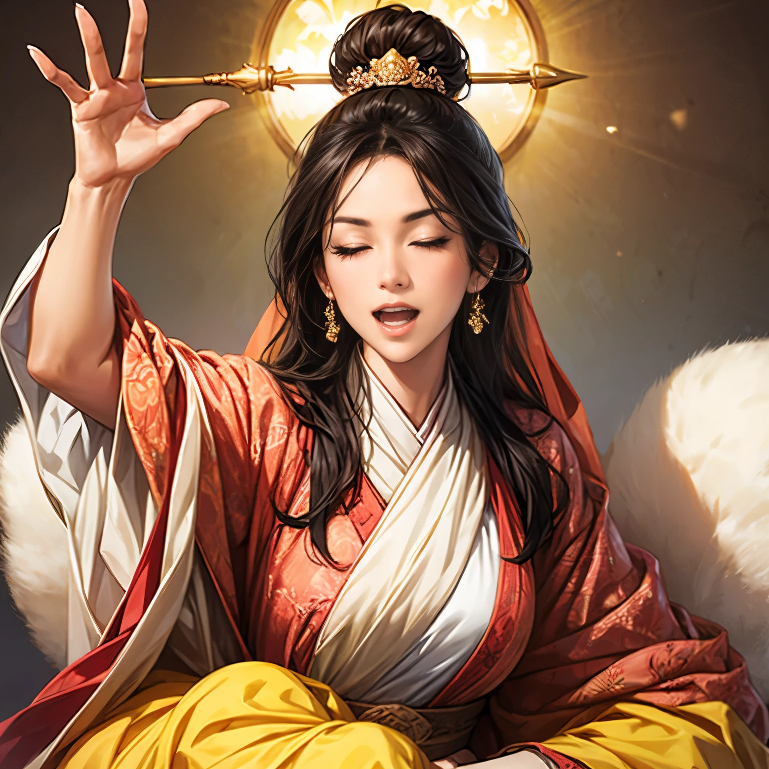 ((Create an image from the top of the head to the thigh)), Three Kingdoms illustration , Female solo, Beautiful Woman, beautiful face , perfect hand , ( black hair ), sexy expression , Hana's expression with her eyes closed, wink your eyes, excited expression, Various facial expressions, various poses, standing pose, sitting pose, Brilliant background , blurry background