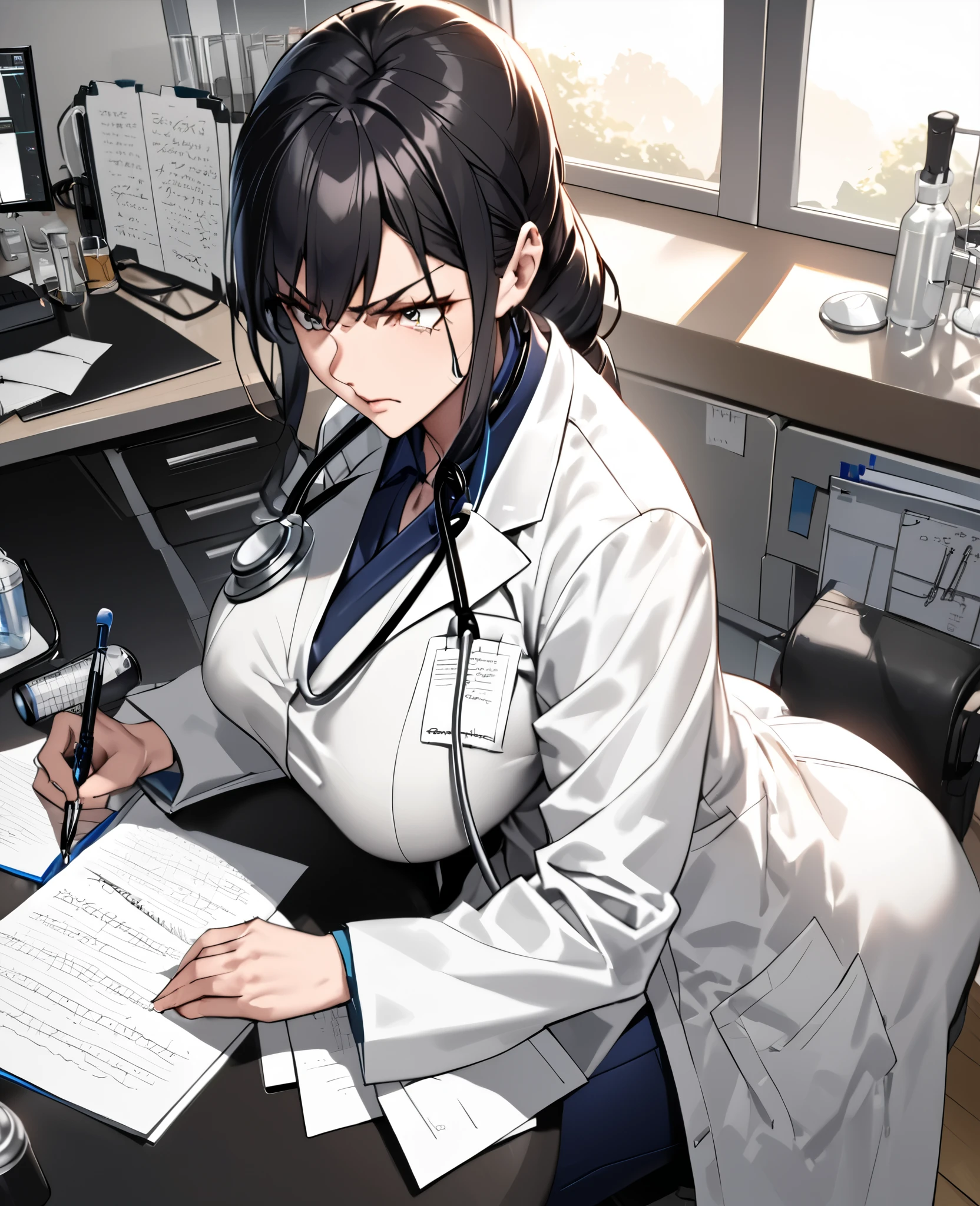 mature female doctor, black hair ((medical office)), ((professional examination)), Japanese, G-cup breasts, ((serious expression)), ((stethoscope use)), ((writing notes)), ((proper posture)), ((clean lab coat)), ((focused gaze)), ((medical precision)), high quality, photorealistic
