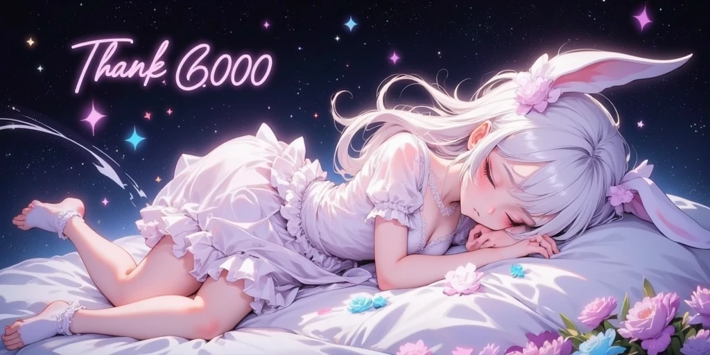 beautiful solemn text written "thank 6000". ((cute and kawaii rabbit girl lying down eternally sleeping in happy dream, long white hair and fluffy rabbit ear, transparent very white frilly dress embroidered delicately). at very unreal place as beautiful heaven shining particles floating.) (generate radiant and ethereal and translucent feeling picture. most beautiful image in the world. under black light and neon light. image generated by great soulful passion of artist. composition made by perfect golden ratio. flat newest anime style but very detailed art. masterpiece, best quality,)