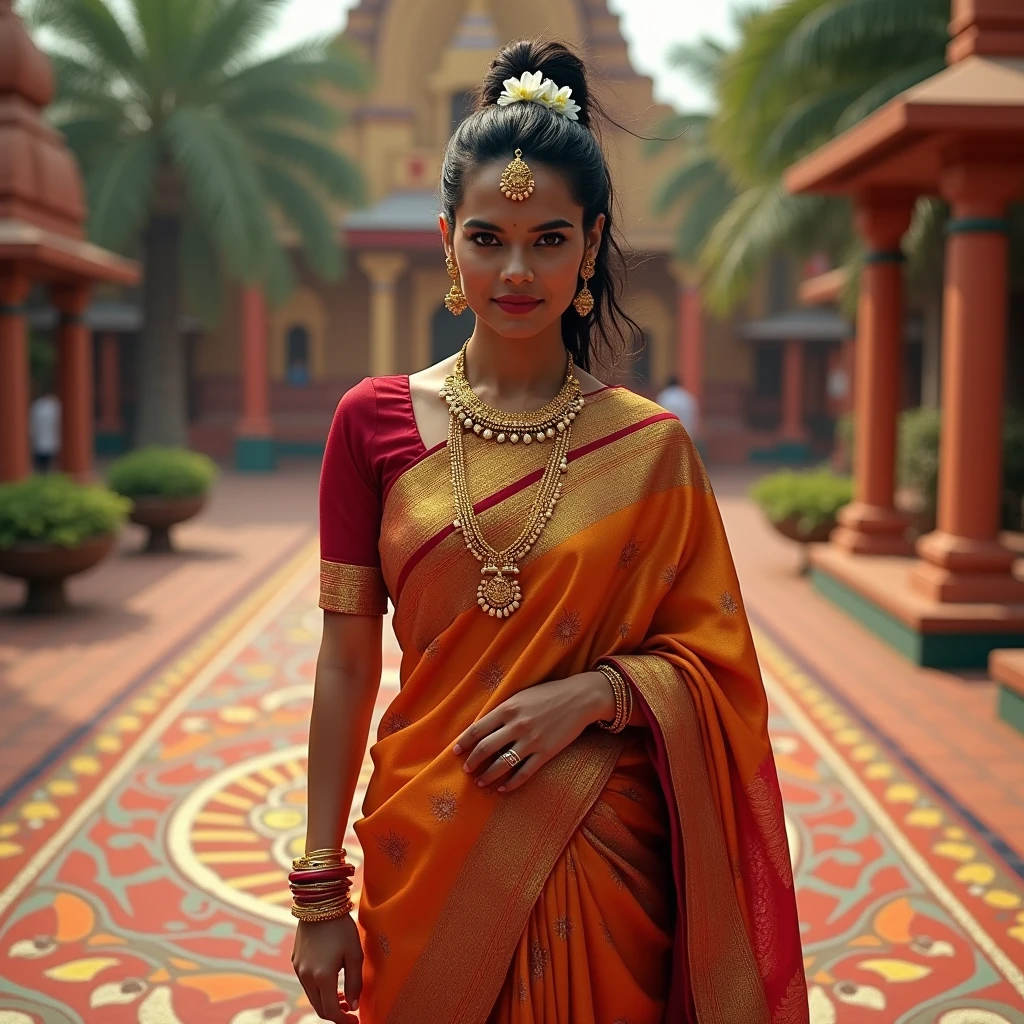 "Generate an image of a woman in a full traditional Indian sari in front of the Taj Mahal. Her pose is graceful and poised, the sariâs colors vibrant against the historic backdrop. Her makeup is traditional, with a focus on her eyes, and her hair is styled in an elegant bun adorned with jasmine flowers."