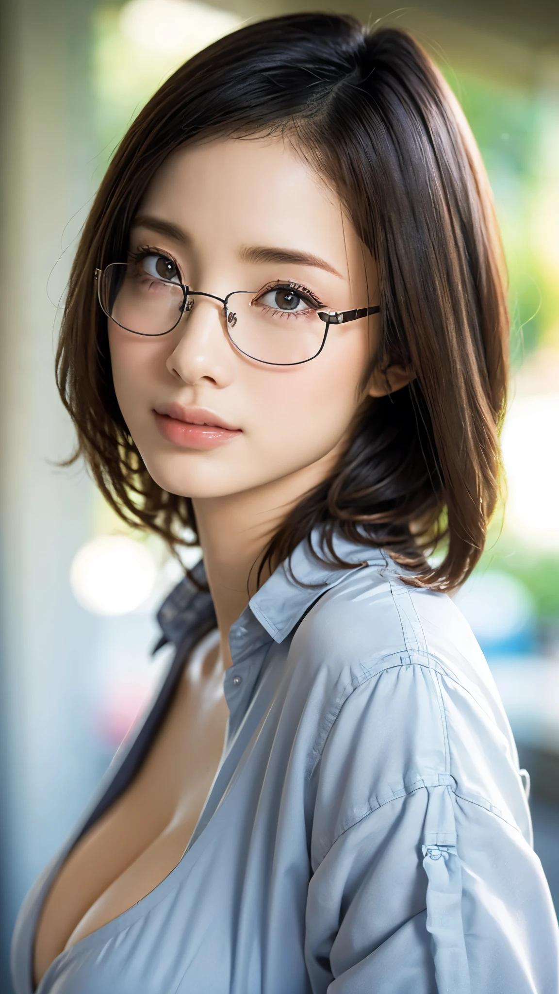(masterpiece:1.3), (In 8K、 super high resolution、 Ultra Fine、 in ultra high quality、超Realisticな、 best quality), (realistic - photo ), high-definition RAW color photo, professional photography, Natural sunlight, Soft Shadows, (Realistic: 1.4), 30歳の women play 、1 person, ( high definition face and skin texture, beautiful eyes, shiny skin, oily skin, Strong gloss), perfect anatomy, Poster, Volumetric Lighting , ( face close-up:1.1), ( Staring at Viewers), charming face, (Makeup is、none), (Squint your eyes:1.1, Open Lips:1.1), women play 、Has a troubled expression, beautiful alignment of teeth, dark hair, ( short bob), detailed hair , beautiful hair, anatomically accurate breasts, big size, saggy breasts, Deep cleavage, women play 、 wearing silver glasses, detailed eyes , dark eyes, Shining Eyes, Black eyelashes, Detailed eyelashes, See-through shirt, Blue sexy outfit