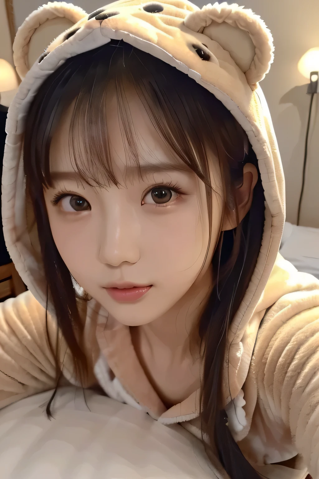 (masterpiece、 best quality、 super detailed description 、 super high resolution)、(face shot close-up:1.35)、 girl 、solo、(( slim、 slender))、 is cute 、 idol face、 (Bear costume, Costume Pajamas)、( professional light and silhouette:1.23)、( bed background)、lying down