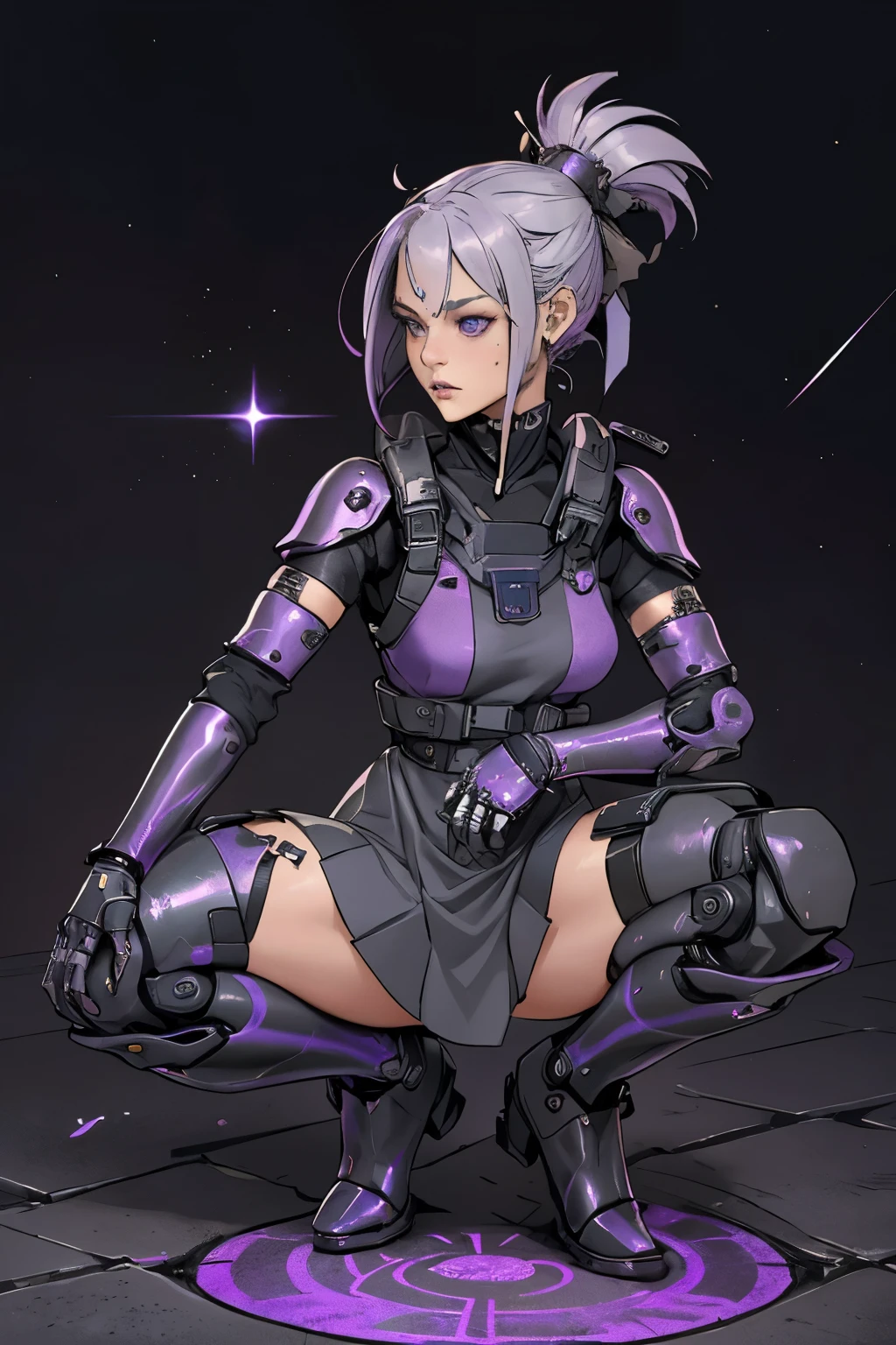 variable scales, Physical Description :
Lilac has an adorable and deceptive appearance that contrasts sharply with her lethal abilities . Her hair is short and bright silver , with uneven locks that recall her robotic nature . Your eyes they have an intense violet tone that glows dimly in the dark . Her body is covered by a combination of lightweight metal plates and a "faux fur" that gives her a more human appearance in some areas .
On her face and limbs , you can see slight joints and assembly lines that reveal her robotic nature . Her design is compact and agile , ideal for infiltration and fast combat .
Clothing:
Lilac wears a modified schoolgirl style dress , with dark tones ( black and metallic gray ) } and futuristic details such as reinforced plates on the shoulders and knees . Besides, she wears gloves and robotic boots integrated with hidden weapons . A violet ribbon in her hair contrasts with her military design .
accessories:
A holographic bracelet on her left wrist that projects tactical data .
A small backpack that is actually an auxiliary energy generator and contains hacking tools.