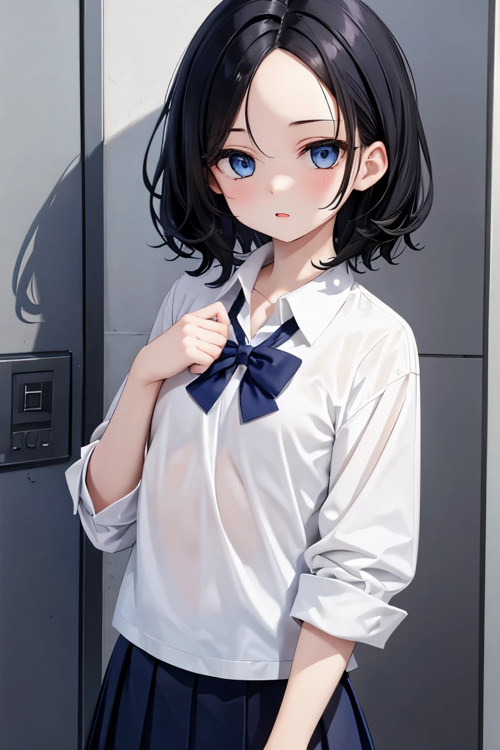 best quality, ultra precision, 1girl, cute, little girl, young, boyish, childish, black hair, messy hair, blue eyes, beautiful eyes, girl, ecstasy, sailor collar, estrus, metestrus, start to undress, naughty mood, she loves you, lost virgin, virgin, blush, sexy, beautiful skin, big bow on chest, BLUE SWEATER, WHITE SHIRT, SHIRT UNDER SWEATER, OFF SHOULDER TOP) TSUNDERE 18 YEARS old, Short black skirt, up Hands