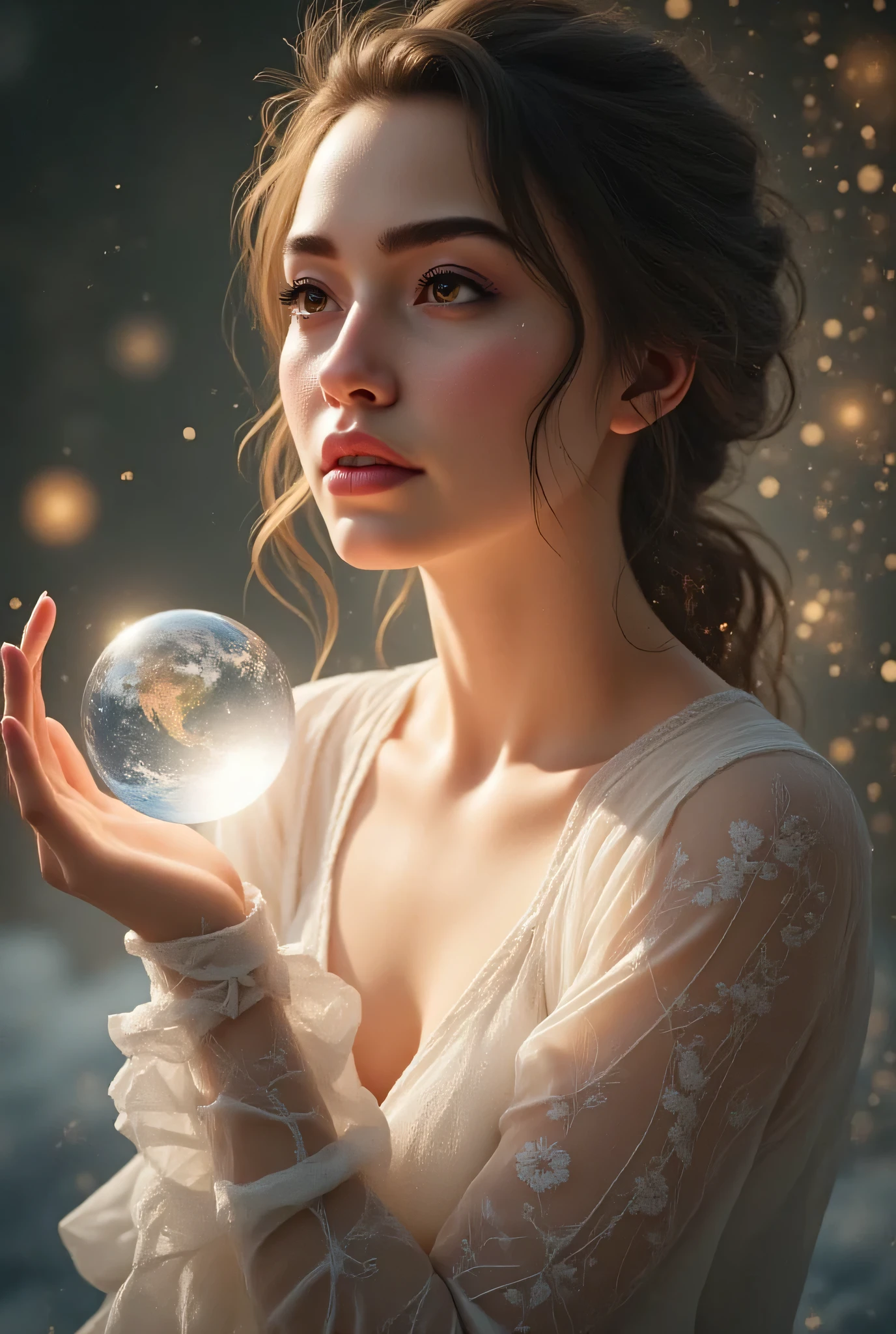 A beautiful goddess holds a transparent luminescent earth in the palm of her hand、It shines in response to singing voices 、Expressive Eyes 、Expressive lips 、 Resonates with the sound of a beautiful singing voice and emits a soft glow 、See-through tight dress、 Sparkling Textures 、The cloudy atmosphere is loosening 、 photorealistic、Warm lighting、UHD 、 Nice surreal fantasy
