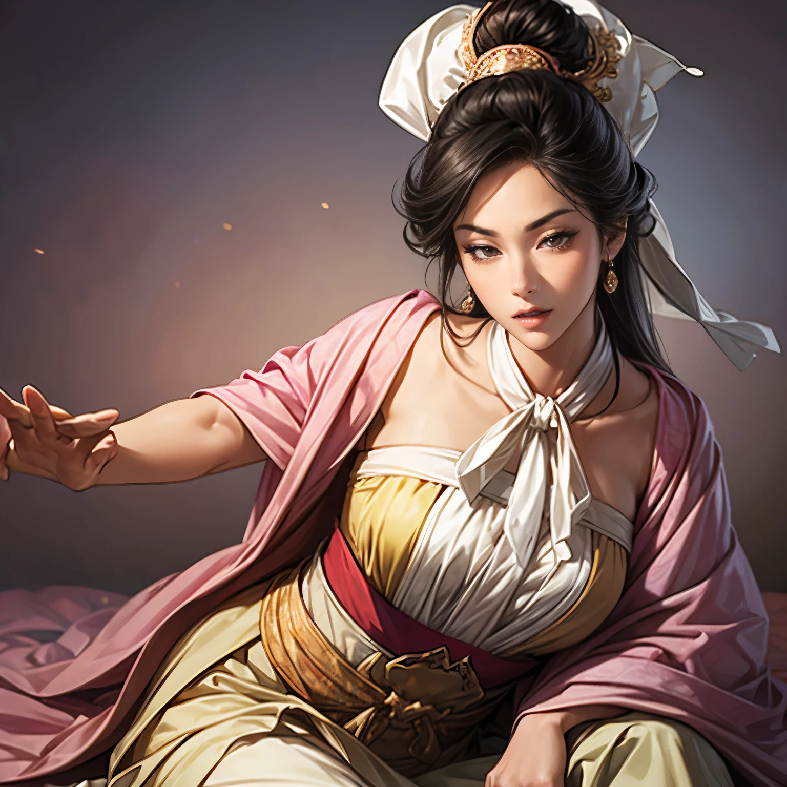((Create an image from the top of the head to the thigh)), Three Kingdoms illustration , Female solo, Beautiful Woman, beautiful face , perfect hand , ( black hair ), sexy expression , Hana's expression with her eyes closed, wink your eyes, excited expression, Various facial expressions, various poses, standing pose, sitting pose, Brilliant background , blurry background