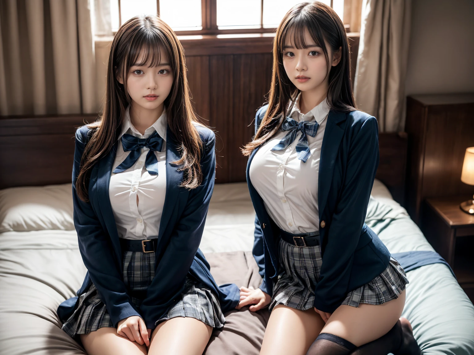 (RAW photo, 4k, masterpiece, high resolution, extremely complex) (realistic: 1.4), cinematic lighting
((2 girls, 2 schoolgirls)),Slam Dunk's,blushing,((innocent)),bright eyes,round eyes,blunt bangs,short bob hair, black hair color,black hair,large breasts,wide hips,Summer Noon, ,Hot, (Best Quality), (Highres), (an Extremely Delicate and Beautiful),(Beautiful 8k face),(Brown eyes),( spectators),(gigantic breasts),(Play with each other,Touching each other's bodies,Touching the body),(Japanese high school uniform:1.3),blue skirt,(reality),bright lighting,(The background is a luxury hotel room)