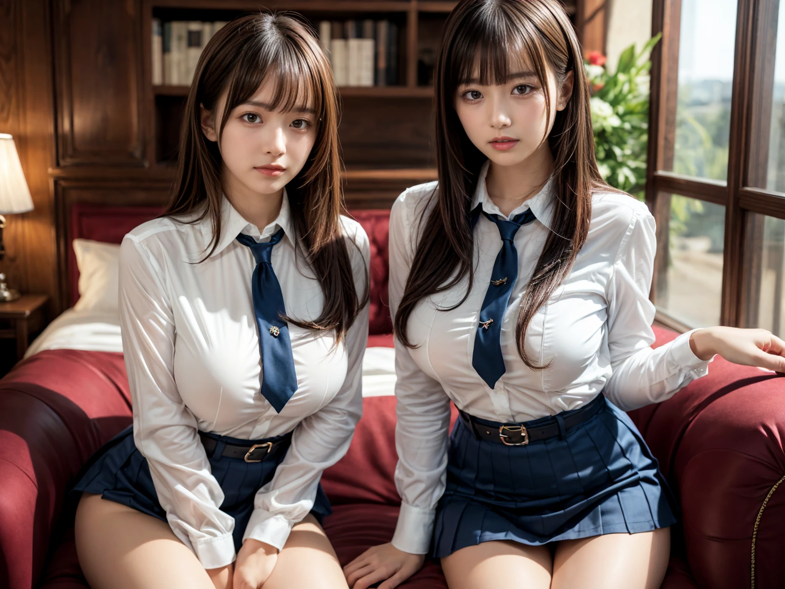 Two girls in a classroom near the window,Navy Blue Blazer,White shirt and red bow tie,Navy blue pleated skirt,Navy blue knee-high socks,18-year-old,bangs,A small smile,Thighs,knees,Straight hair with barrette,From below,Front light、Very large breasts、Showing off panties、Spread your legs