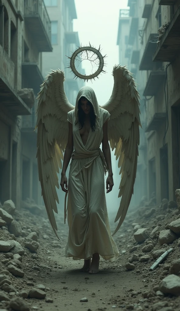 hyper realistic shows two mysterious angels with wide and large Kalilawar wings that stretch far and wide, This angel stood walking holding the man above the grave ,the background of the Muslim cemetery with the oppressive weather with the flash of red lightning floating in the air, render 3d ultra uhd