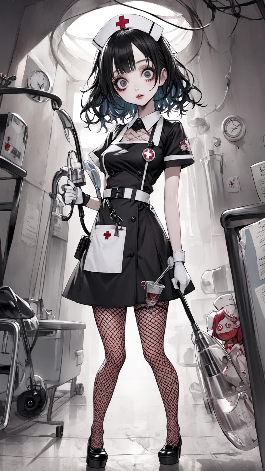a picture of vampire nurse in a dark hospital, goth hospital, exquisite beautiful nurse, ((full body shot: 1.5)), ((anatomically correct: 1.5)), (ultra detailed face: 1.2), pale skin, dynamic hair style, dynamic hair color, wearing white silk nurse robes, white skirt,(holding blood transfusion bag: 1.3), BloodSoakedAI,  goth hospital background, dark fantasy art, goth art, Hyperrealism style, vibrant, Ultra-high resolution, High Contrast, (masterpiece:1.5), highest quality, Best aesthetics), best details, best quality, highres, ultra wide angle, 16k, [ultra detailed], masterpiece, best quality, (extremely detailed) RAW, BloodSoakedAI, valorant art style