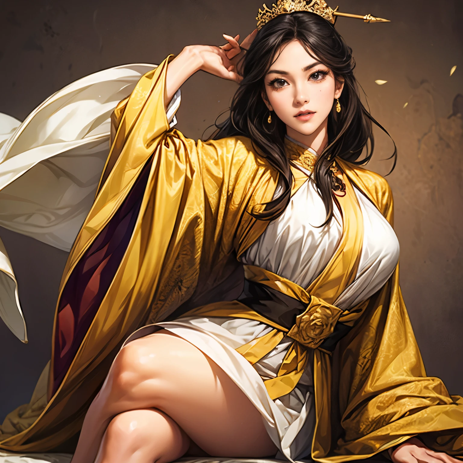 ((Create an image from the top of the head to the thigh)), Three Kingdoms illustration , Female solo, Beautiful Woman, beautiful face , perfect hand , ( black hair ), sexy expression , excited expression, Various facial expressions, various poses, standing pose, sitting pose, Brilliant background , blurry background