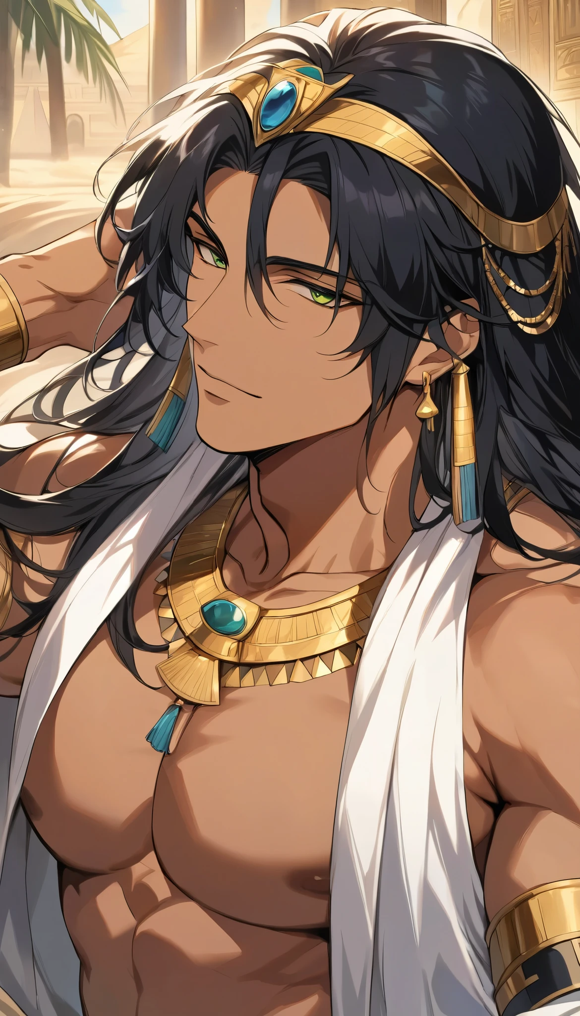 (score_9, score_8_up), long hair, masterpiece, best quality, 1 man , (black hair) , perfect face , (green eyes) , handsome male , Alone, adult male , delicate line drawingimpasto, masterpiece, high resolution, Top quality, unique , 1 male , nice , tanned skin , black haired, a sultan, Egypt, (open clothes, shirtless), Pharaoh, Egypt.