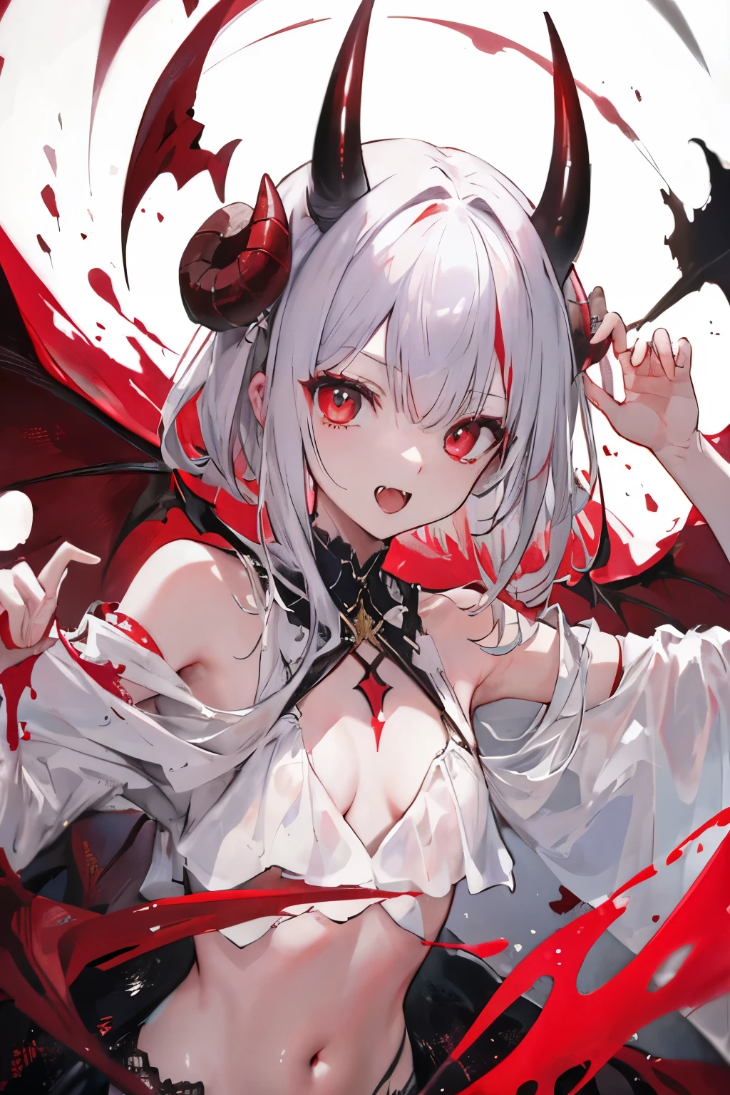 Leakage out of the collarbone,Neck leakage,White color hair,succubi,have demon wings,There are wounds on the body,The wound bleeds,Deep V one-piece swimsuit,Bigboobs,Blood droplets splattered,lineage,Red silk thread